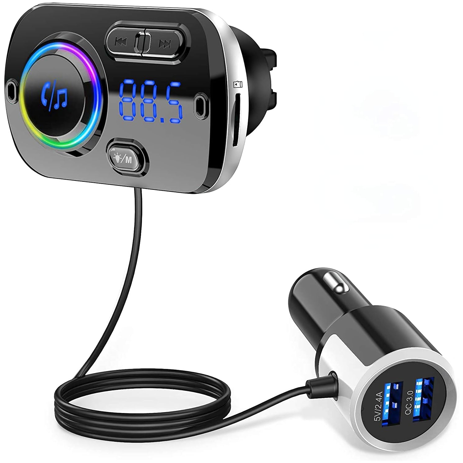 Émetteur FM Bluetooth 5,0 mains libres pour l'auto avec adaptateur de radio d'auto Quick Charge QC 3,0 avec microphone CVC Noise