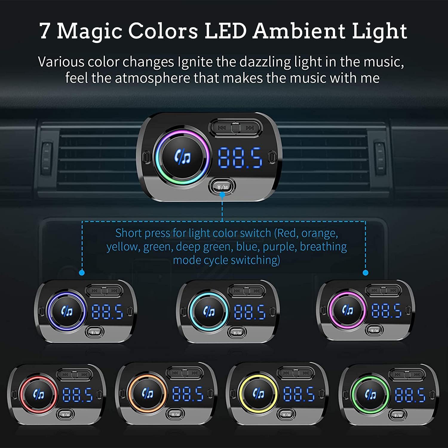 Émetteur FM Bluetooth 5,0 mains libres pour l'auto avec adaptateur de radio d'auto Quick Charge QC 3,0 avec microphone CVC Noise