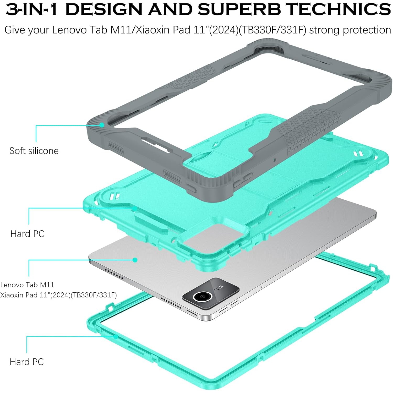 for Lenovo Tab M11 Case with Kickstand 3 in 1 Hybrid PC Rubber Heavy Duty Shockproof Full Body Protection Tablet