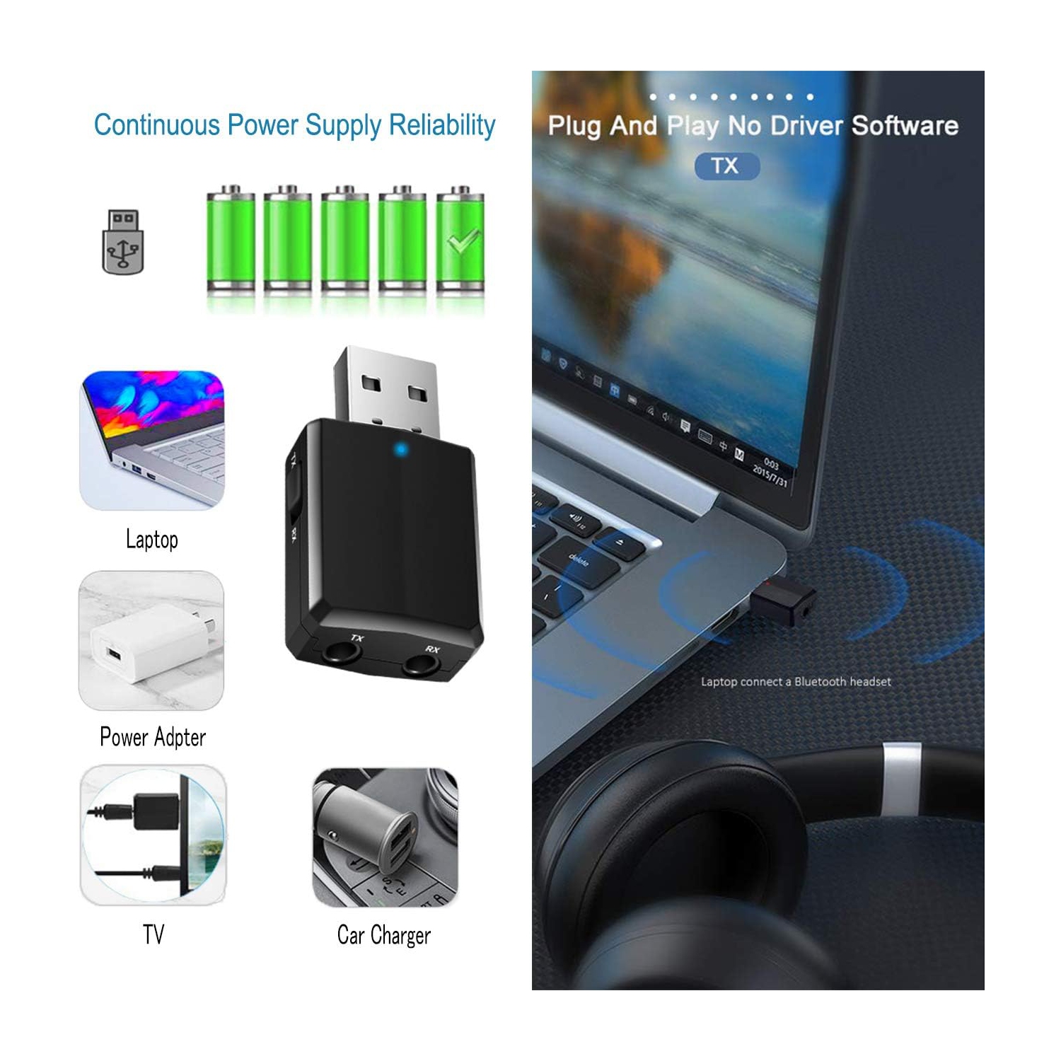 Émetteur-récepteur audio USB Bluetooth 5,0 3-en-1, mini adaptateur auxiliaire Bluetooth pour téléviseur PC Écouteurs stéréo maison