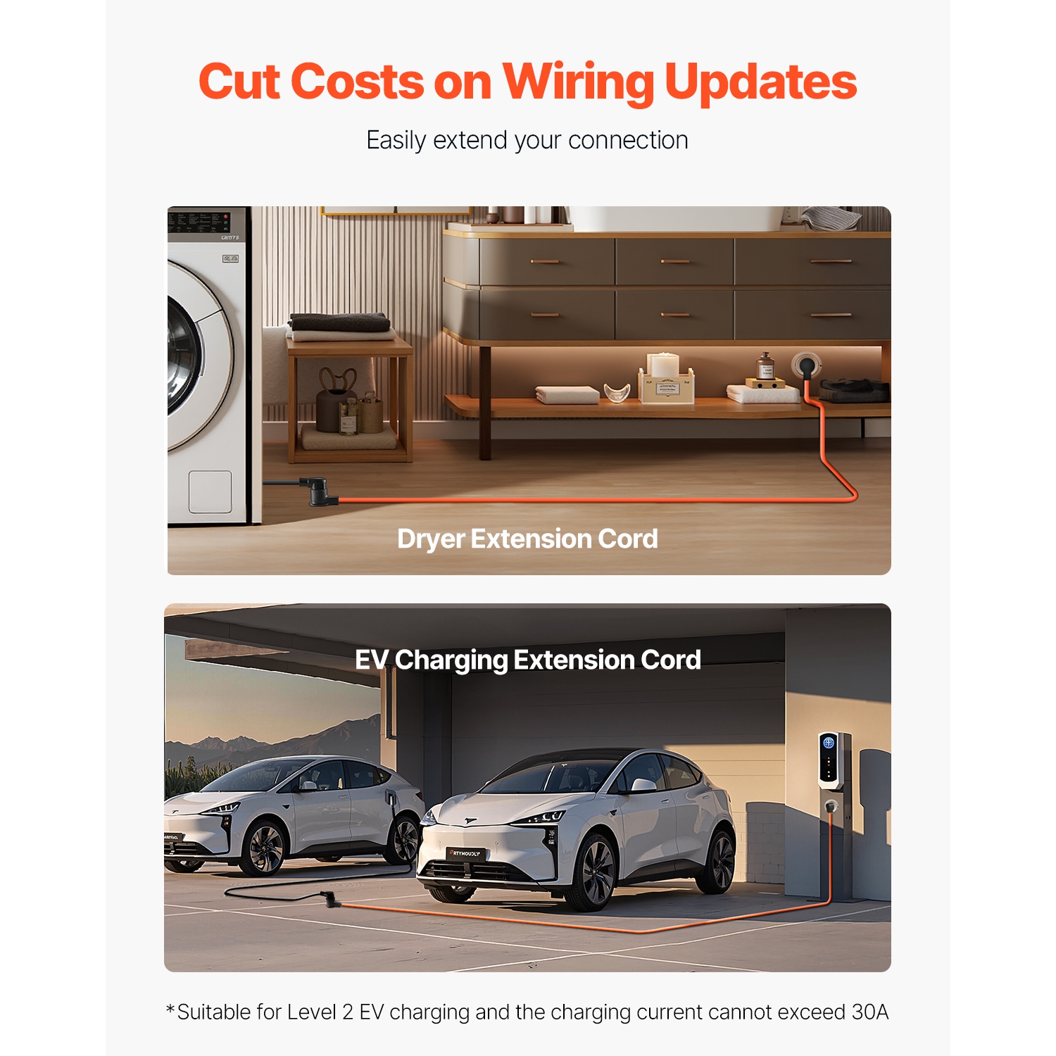 VEVOR 25 ft Dryer Extension Cord, 3-Prong NEMA 10-30P to 10-30R Dryer Cord, 125V/250V STW 10AWG/3C, 30A, Pure Copper Wire Cable with Black Non-woven