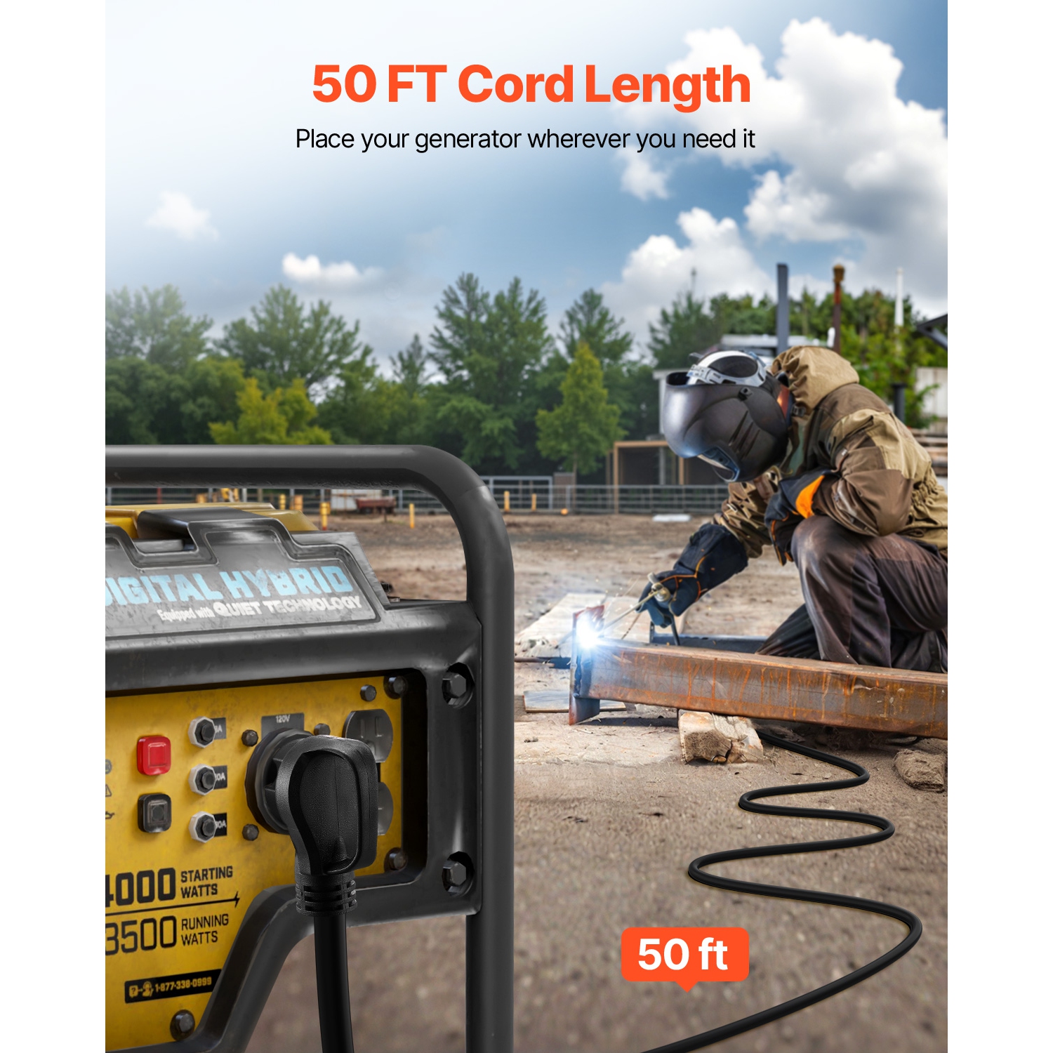 VEVOR 50-Amp Generator Extension Cord, 50 Foot, 250 Volts 12500 Watts Heavy Duty Power Cable, NEMA 6-50R NEMA 6-50P SWT 6AWG Flexible Welder