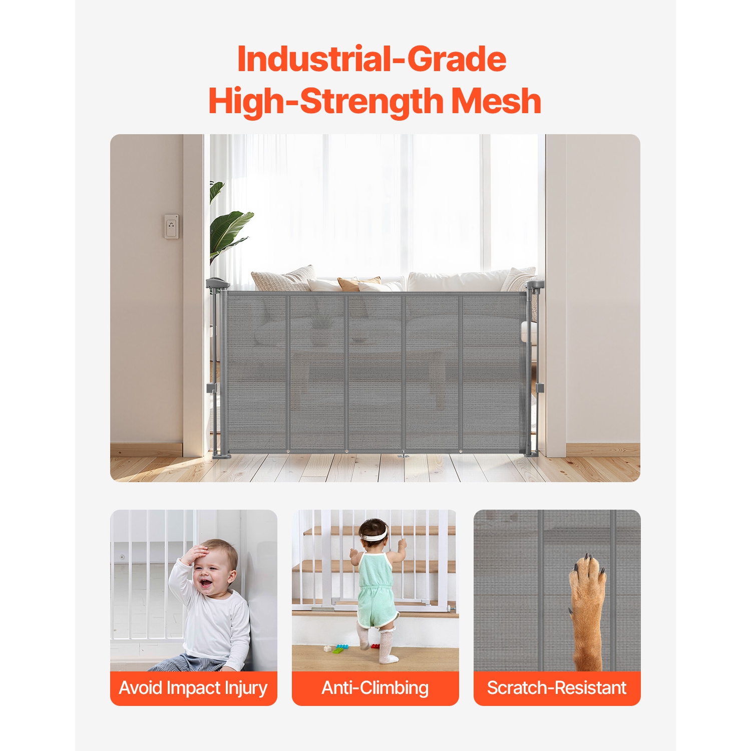 VEVOR 34 inch Tall Retractable Baby Gate, Extends up to 55 inch Wide, Retractable Gate for Kids or Pets, Mesh Material, Easy to Install for Indoor