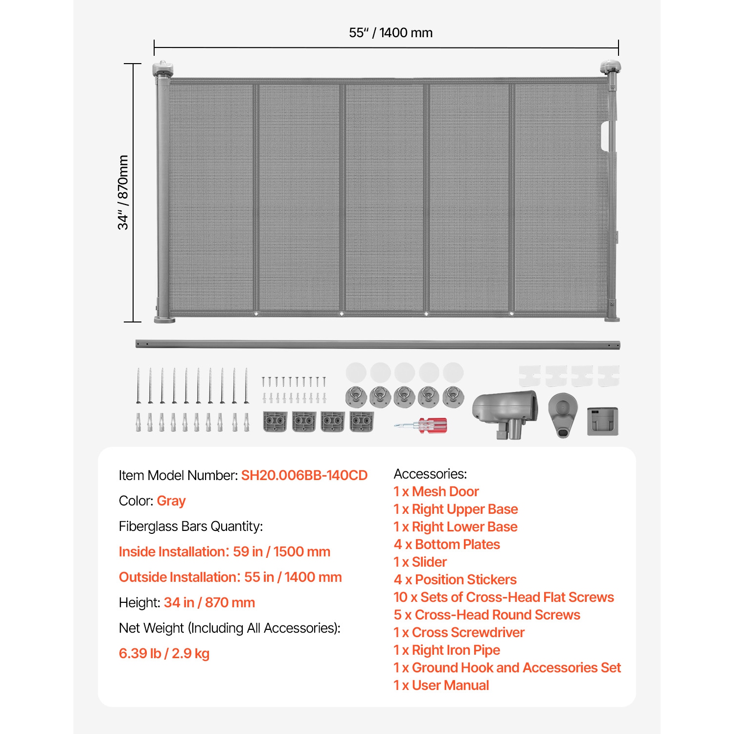 VEVOR 34 inch Tall Retractable Baby Gate, Extends up to 55 inch Wide, Retractable Gate for Kids or Pets, Mesh Material, Easy to Install for Indoor