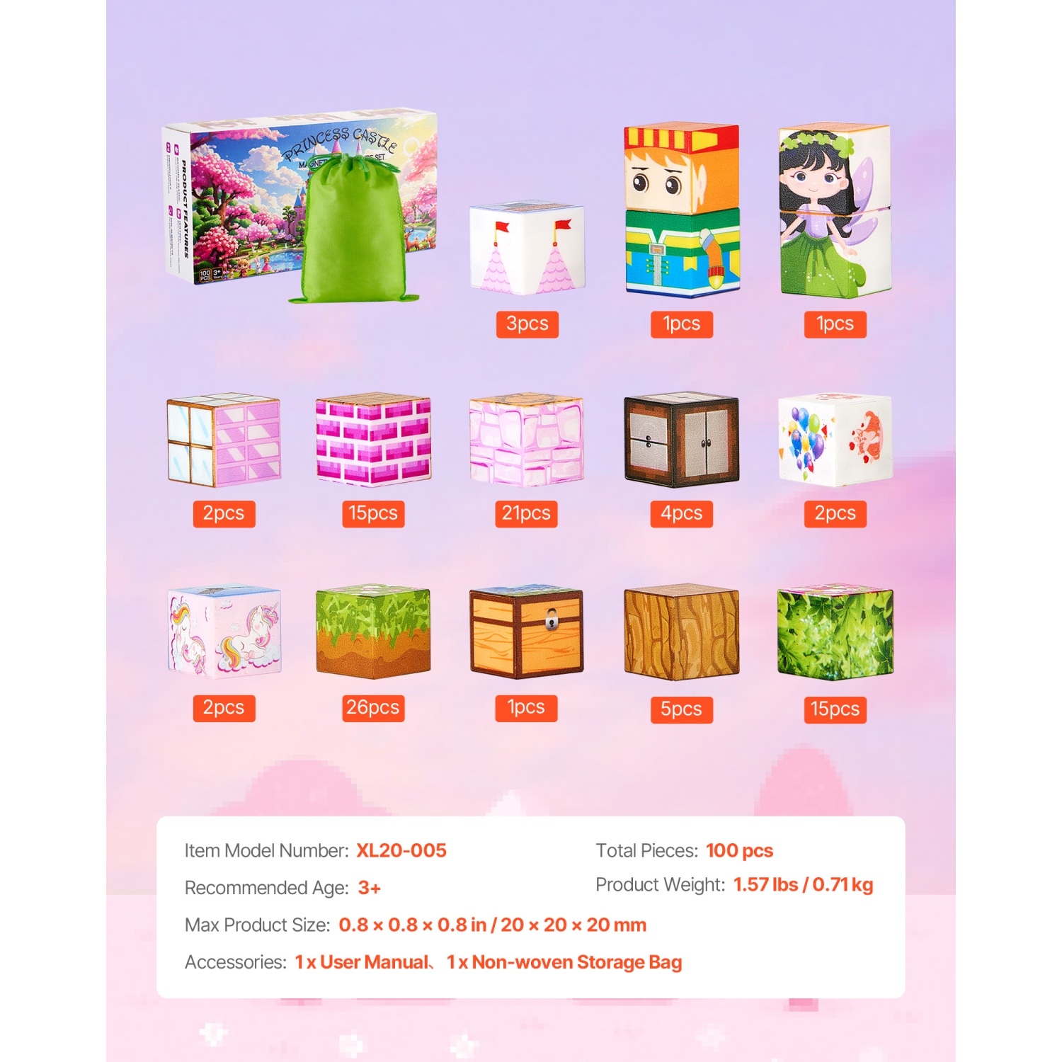 VEVOR 100 PCS Magnetic Blocks, Princess Castle Set, Magnetic Building Cubes for Kids, STEM Montessori Sensory Toys for Christmas Birthday Gift, for