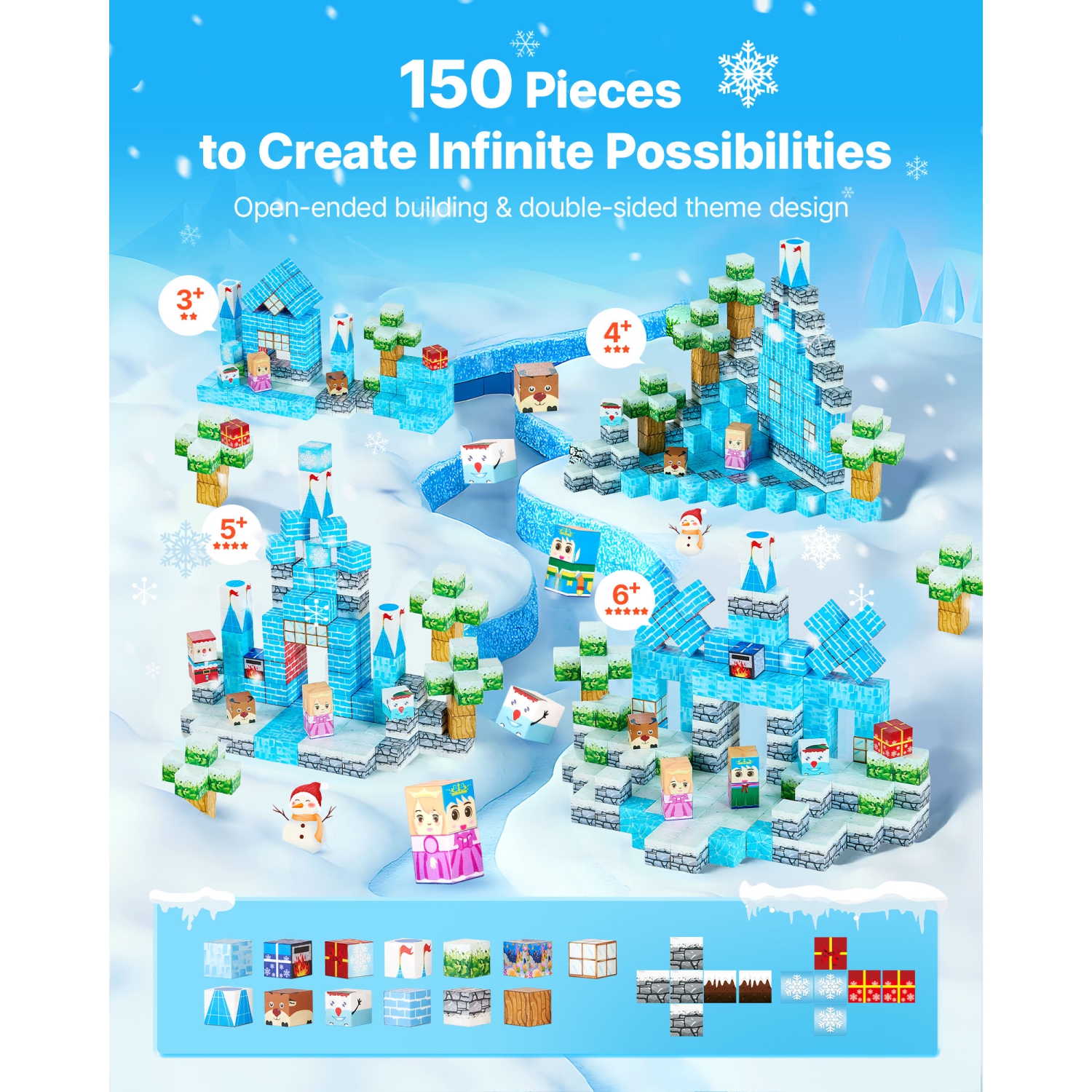 VEVOR 150 PCS Magnetic Blocks, Glacier Castle Set, Magnetic Building Cubes for Kids, STEM Montessori Sensory Toys for Christmas Birthday Gift, for 3+