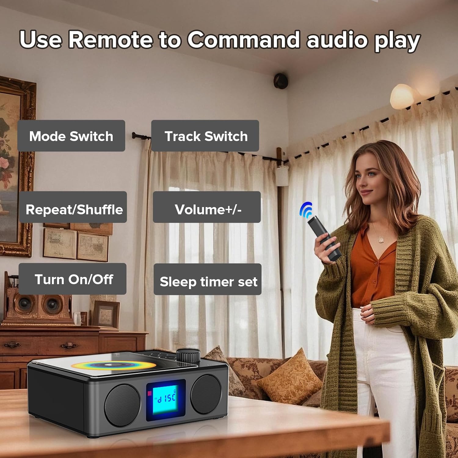 Lecteur CD avec haut-parleurs et télécommande, radio CD Bluetooth rechargeable avec minuterie de veille, lecteurs CD portatifs rétro avec prise pour