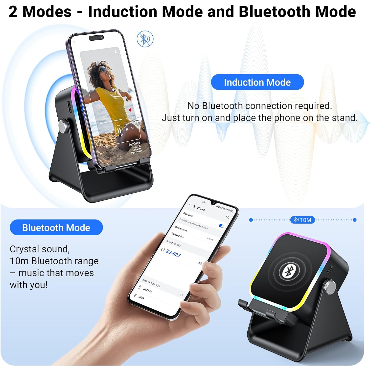 Haut-parleur à induction avec support pour téléphone 5 en 1 sans fil Induction audio Bluetooth pour iPhone Téléphone Android Haut-parleurs