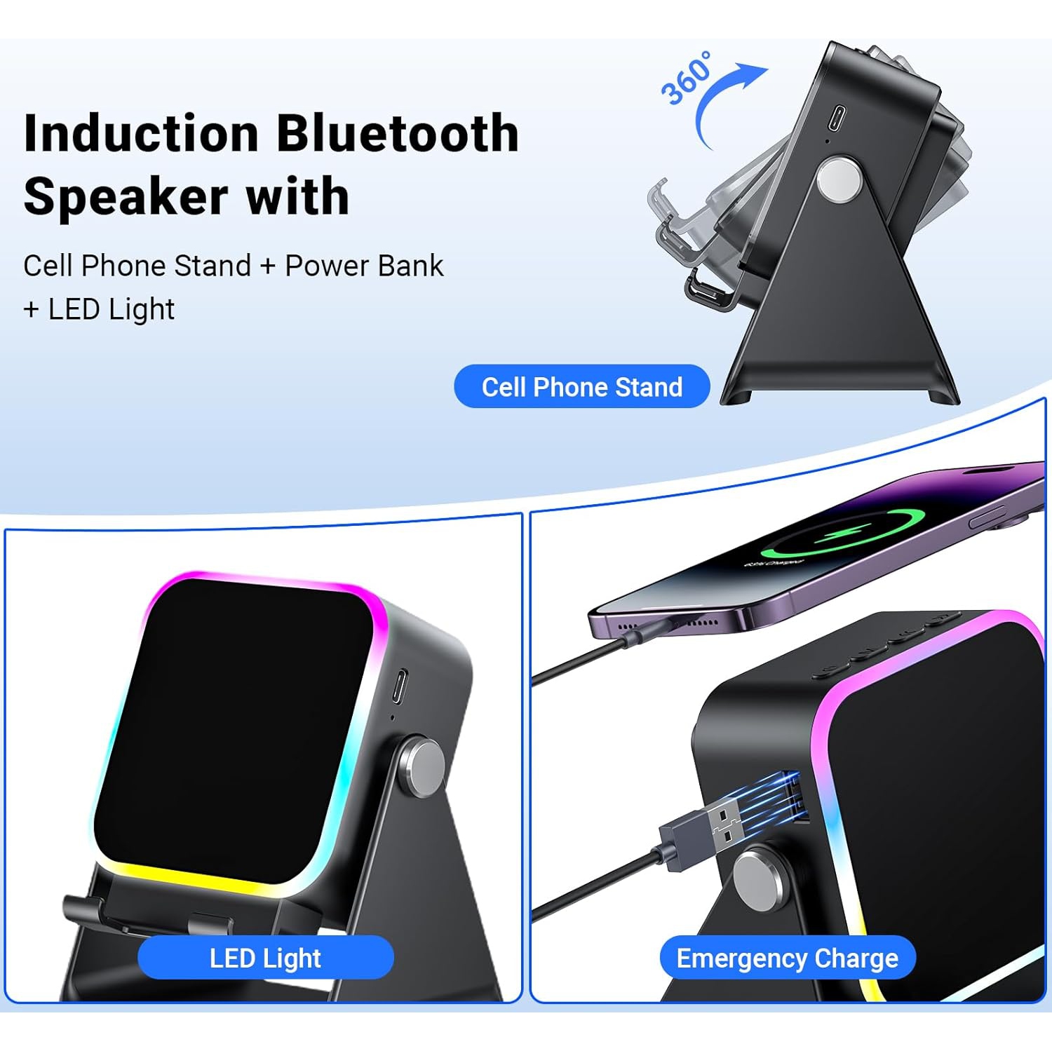 Haut-parleur à induction avec support pour téléphone 5 en 1 sans fil Induction audio Bluetooth pour iPhone Téléphone Android Haut-parleurs