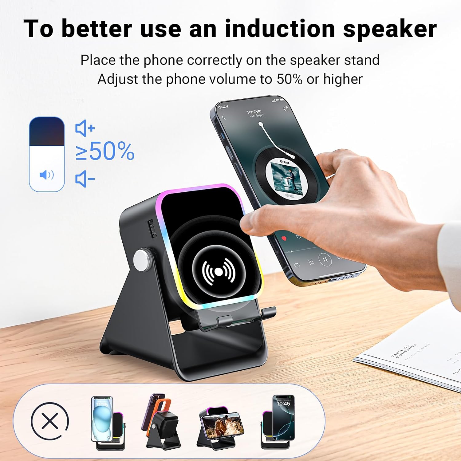 Haut-parleur à induction avec support pour téléphone 5 en 1 sans fil Induction audio Bluetooth pour iPhone Téléphone Android Haut-parleurs