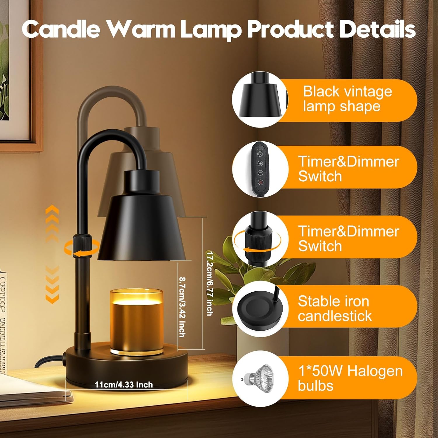 Candle Warmer Lamp Adjustable Height,Warm White Electric Candle Lamp Warmer with Timer Dimmer Metal Base,for Scented Jar Candles Home Decor