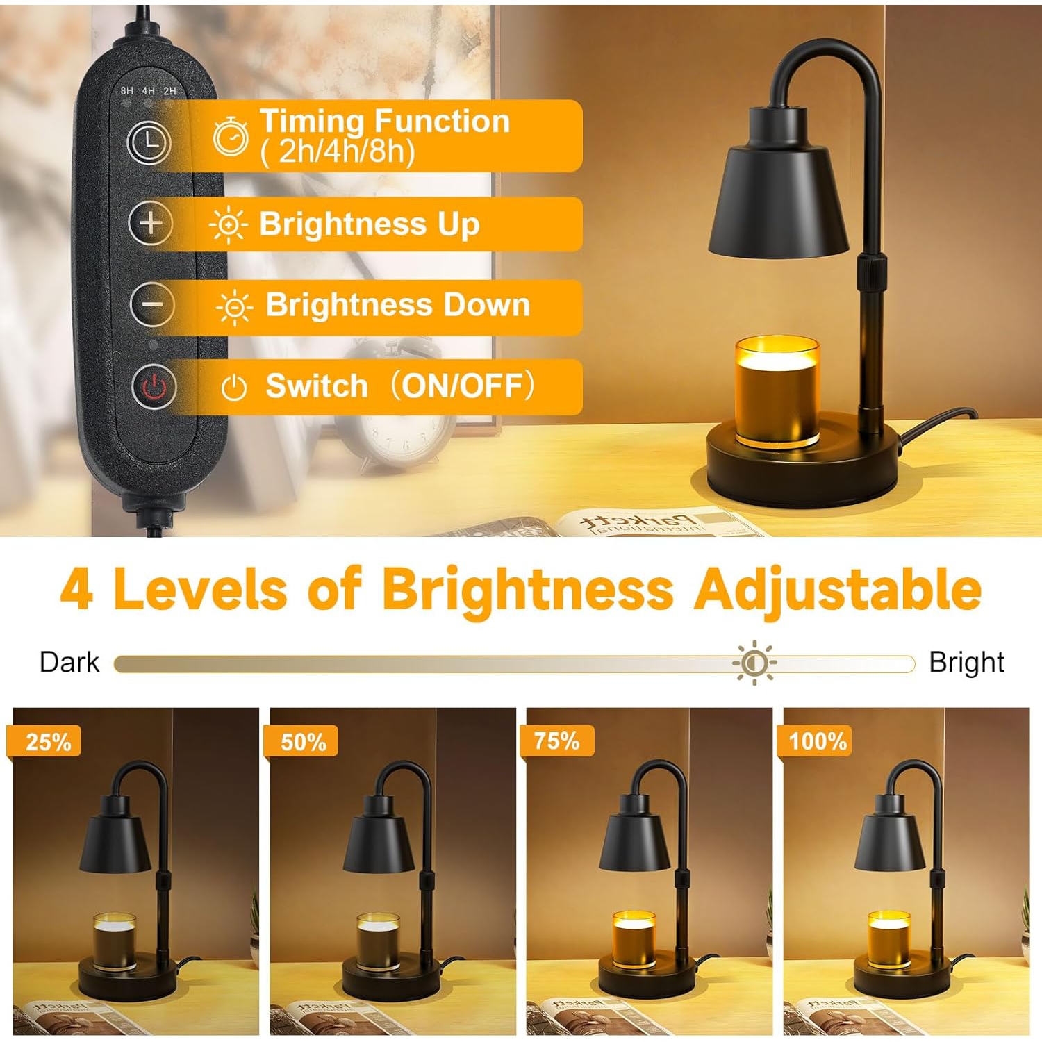 Candle Warmer Lamp Adjustable Height,Warm White Electric Candle Lamp Warmer with Timer Dimmer Metal Base,for Scented Jar Candles Home Decor