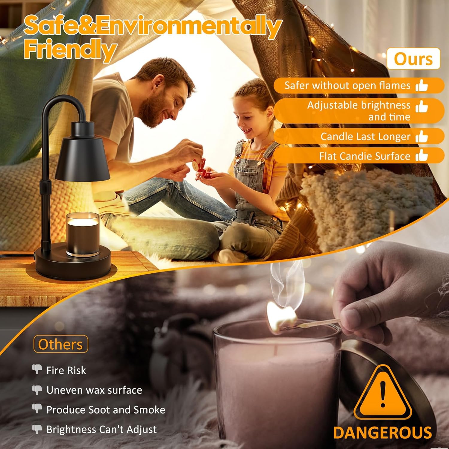 Candle Warmer Lamp Adjustable Height,Warm White Electric Candle Lamp Warmer with Timer Dimmer Metal Base,for Scented Jar Candles Home Decor