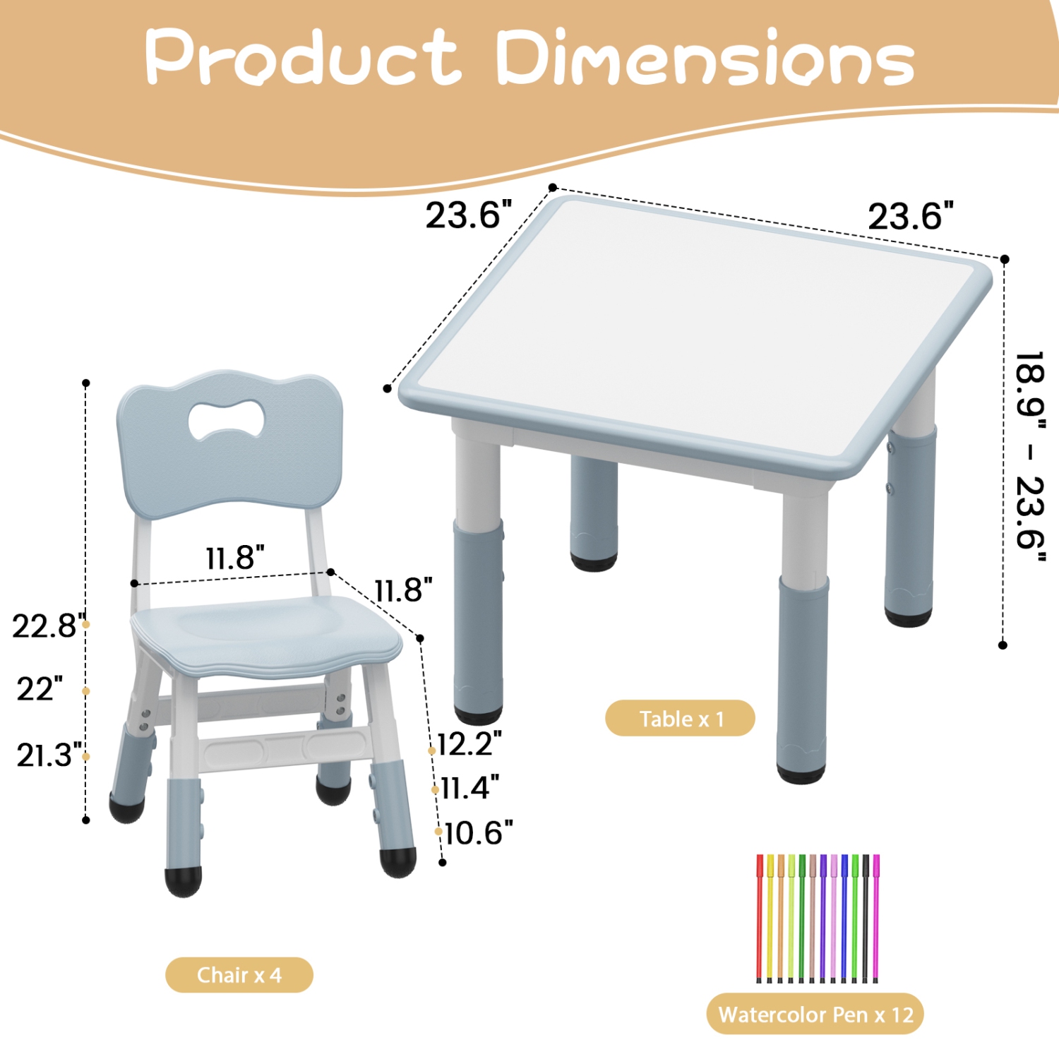 Height Adjustable Kids Table and 4 Chairs Set for Reading, Drawing, Playing, Eating