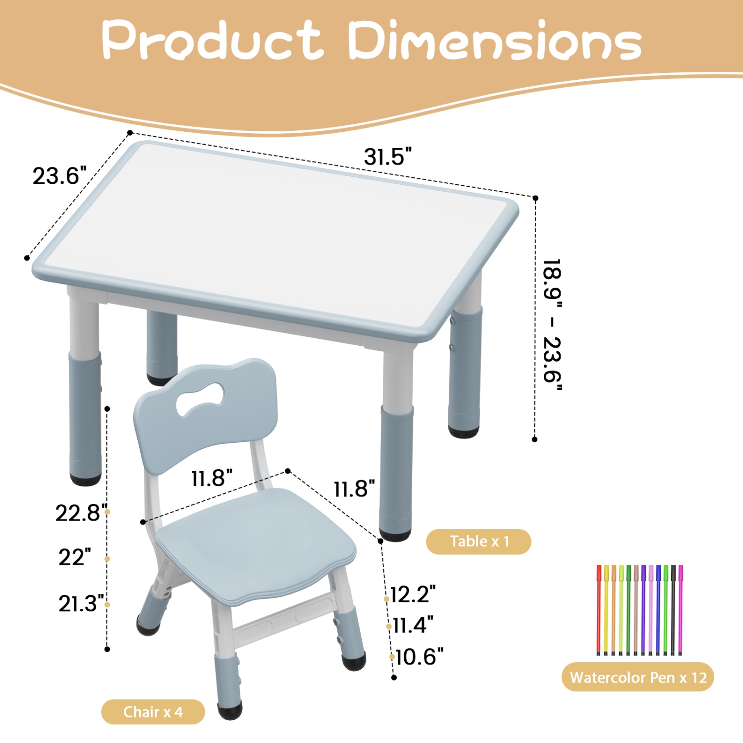 Ensemble 5 pièces avec table et chaises pour enfants pour la garderie de classe, gris