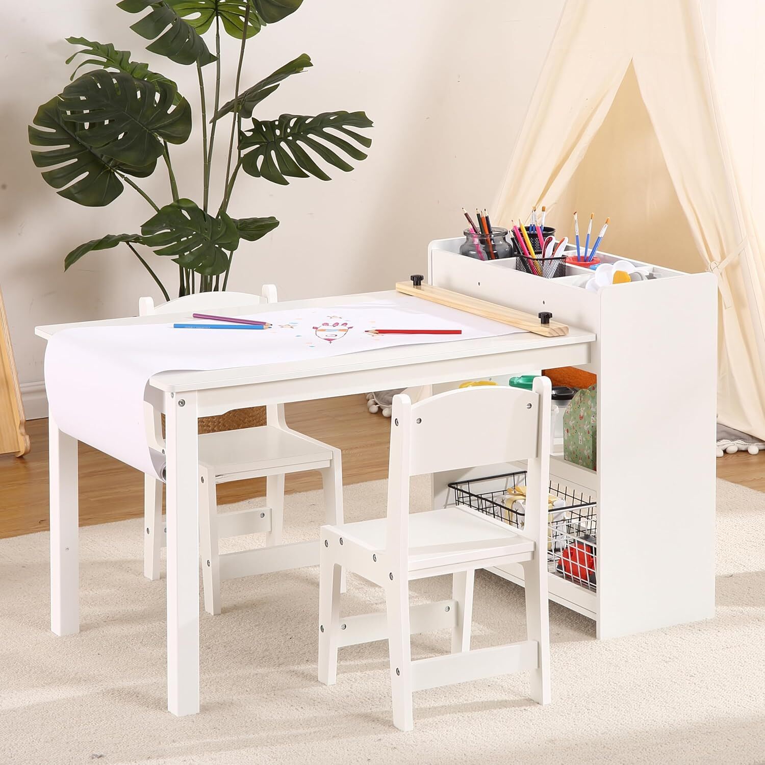 Ensemble de 3 pièces avec table et chaises d'activités en bois pour les tout-petits à dessiner, à lire, à bricoler, blanc