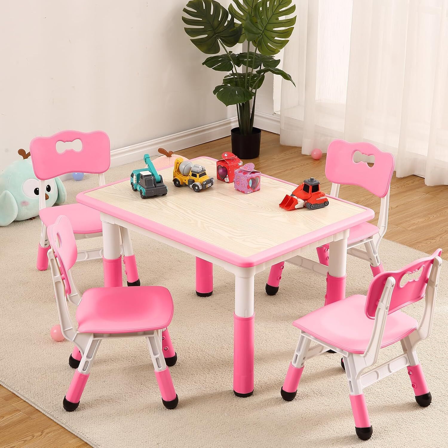 Ensemble 5 pièces avec table et chaises pour enfants pour dessiner, lire, bricoler, art, devoirs, Rose