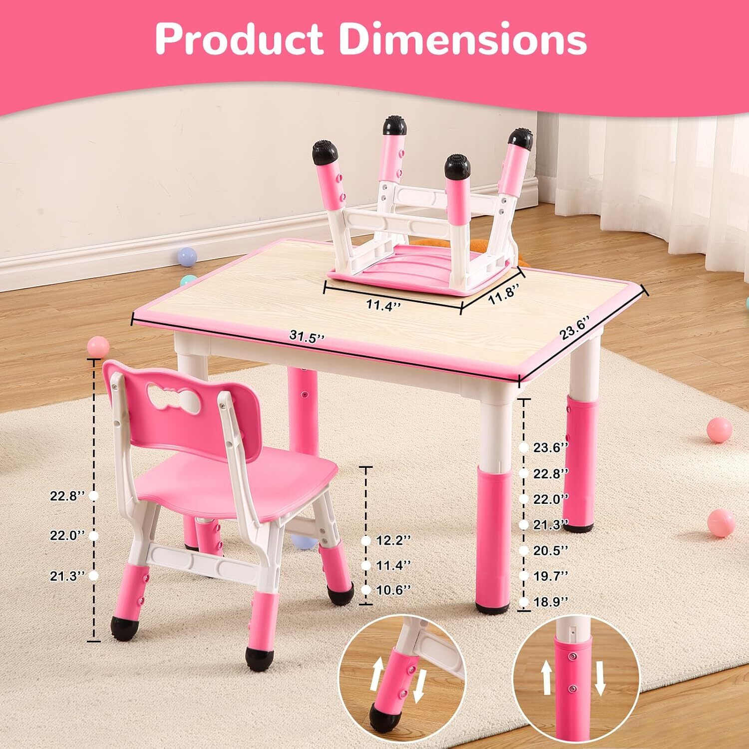 Ensemble 5 pièces avec table et chaises pour enfants pour dessiner, lire, bricoler, art, devoirs, Rose