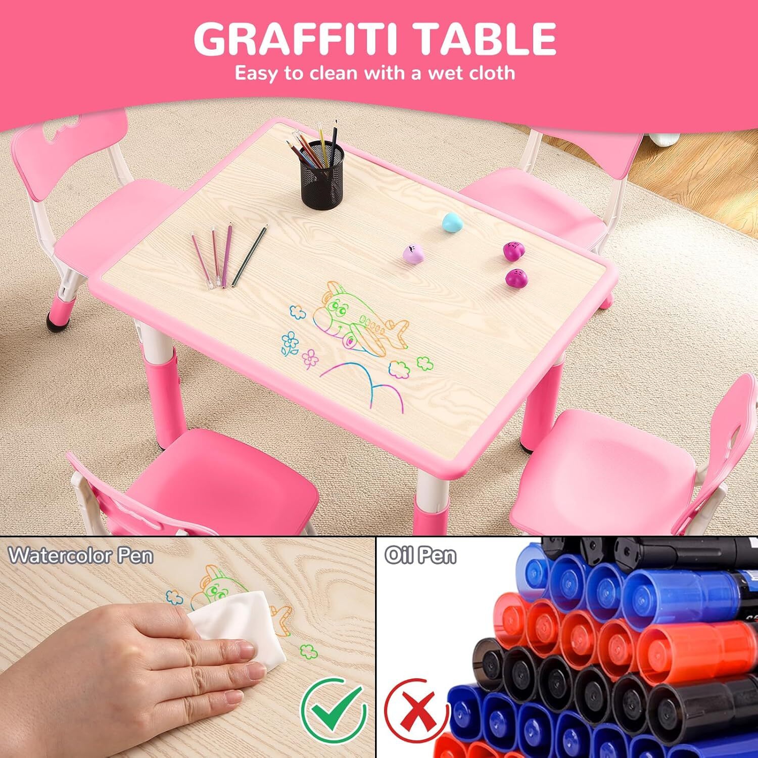 Ensemble 5 pièces avec table et chaises pour enfants pour dessiner, lire, bricoler, art, devoirs, Rose