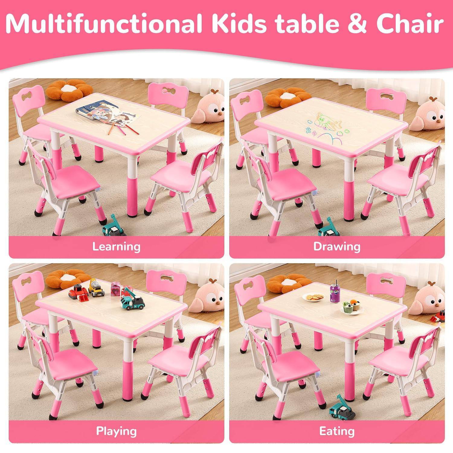 Ensemble 5 pièces avec table et chaises pour enfants pour dessiner, lire, bricoler, art, devoirs, Rose