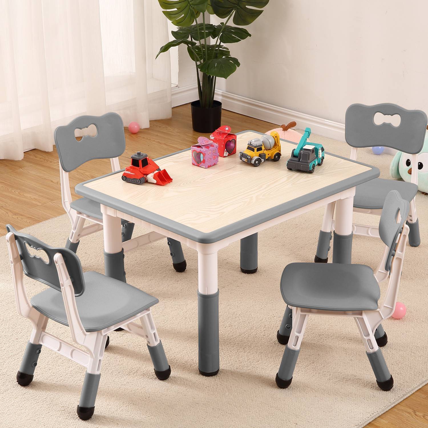 Ensemble 5 pièces avec table et chaises pour enfants pour dessiner, lire, bricoler, art, devoirs, Gris