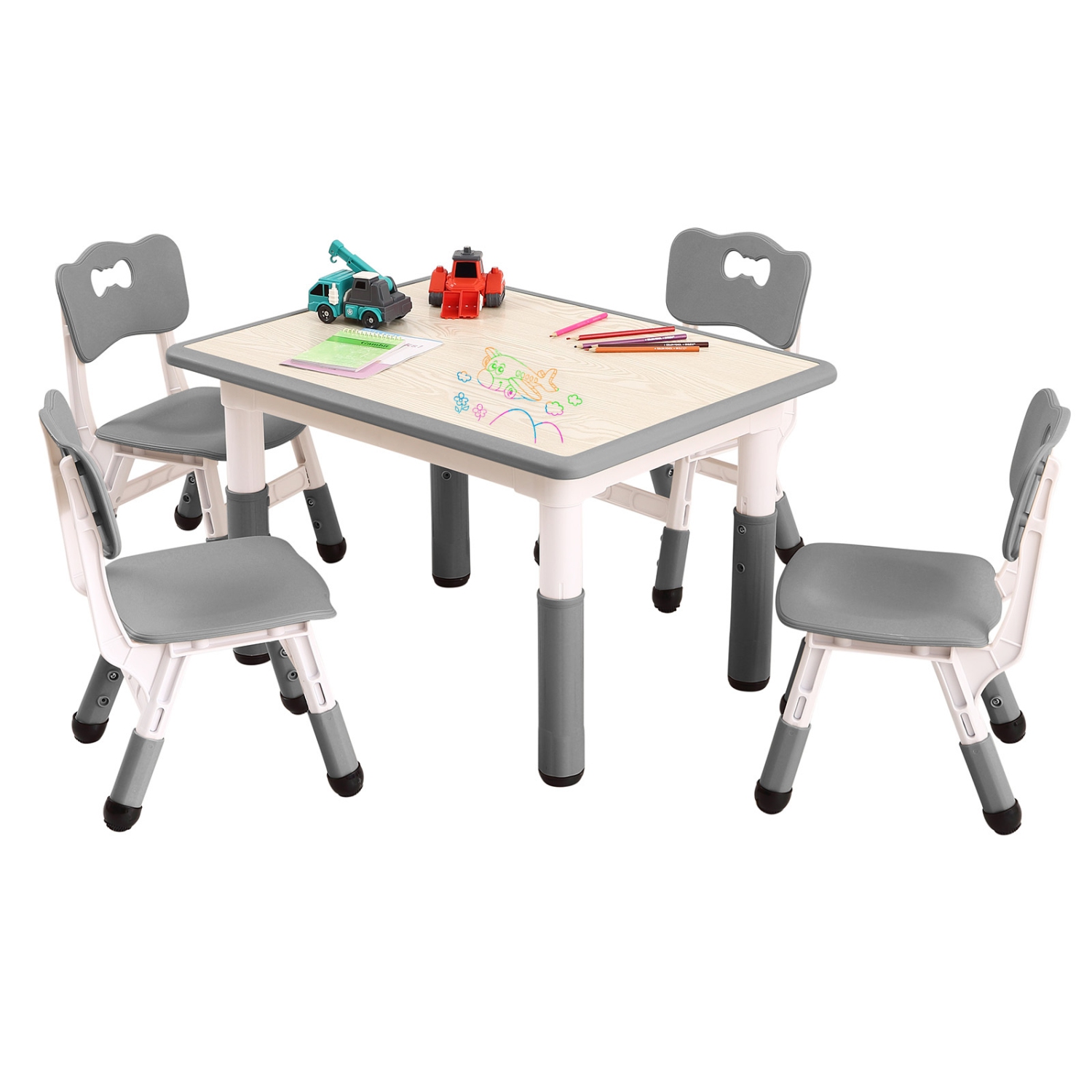 Ensemble 5 pièces avec table et chaises pour enfants pour dessiner, lire, bricoler, art, devoirs, Gris