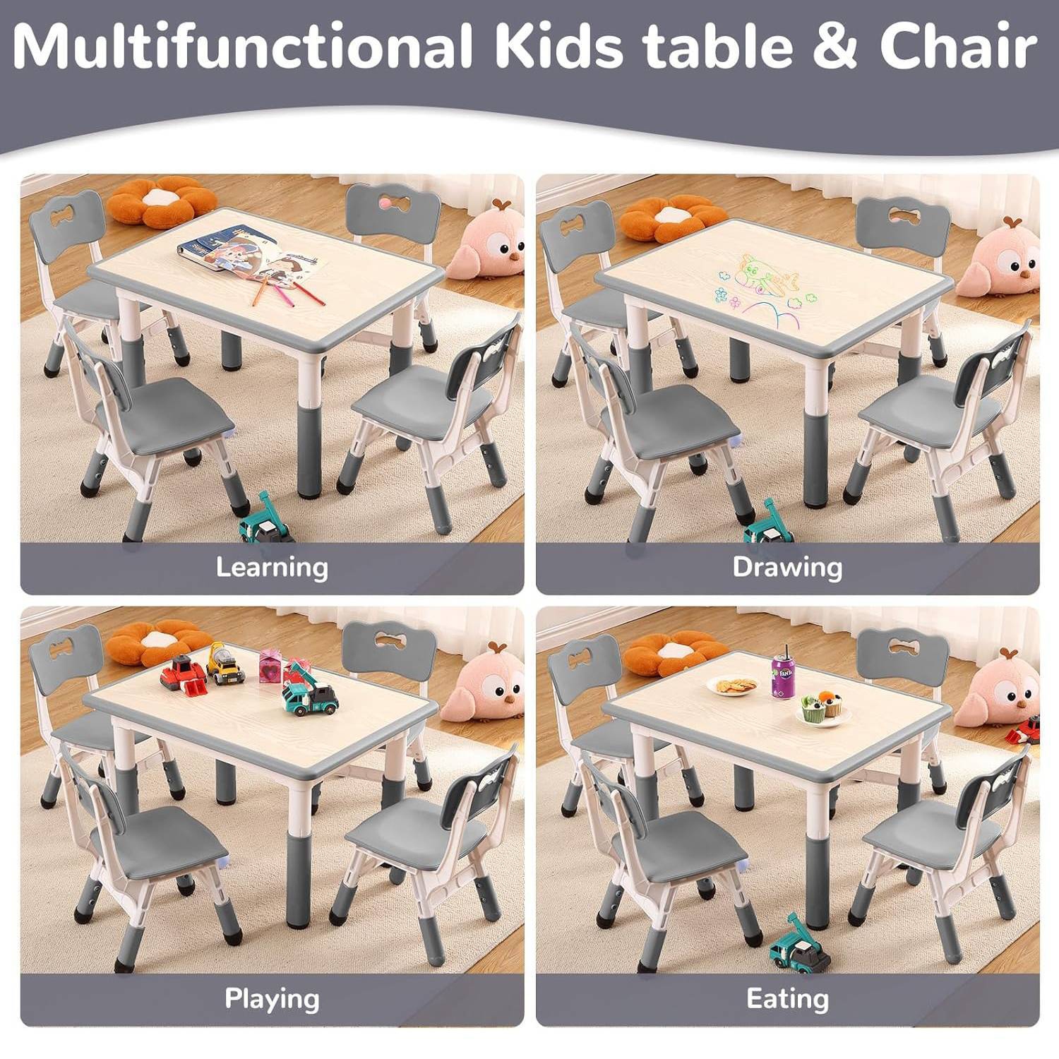 Ensemble 5 pièces avec table et chaises pour enfants pour dessiner, lire, bricoler, art, devoirs, Gris