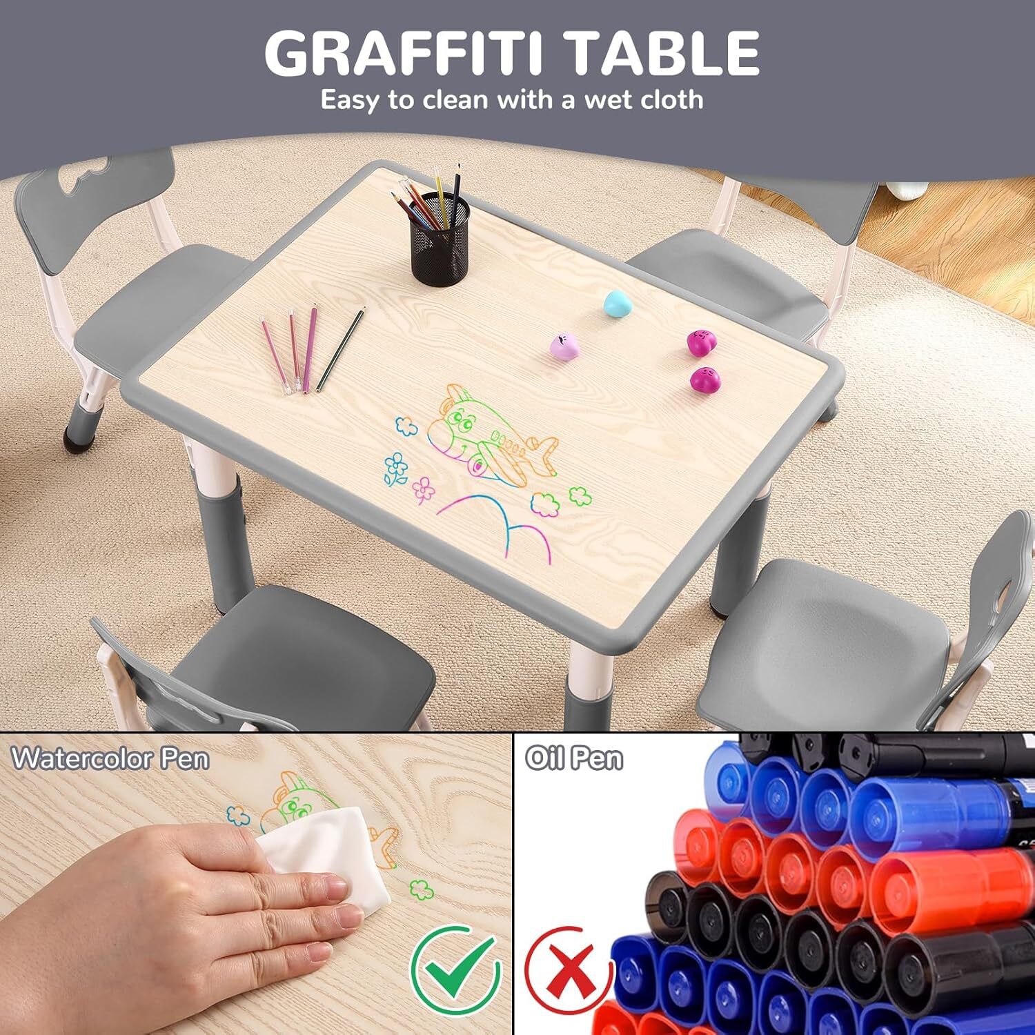 Ensemble 5 pièces avec table et chaises pour enfants pour dessiner, lire, bricoler, art, devoirs, Gris