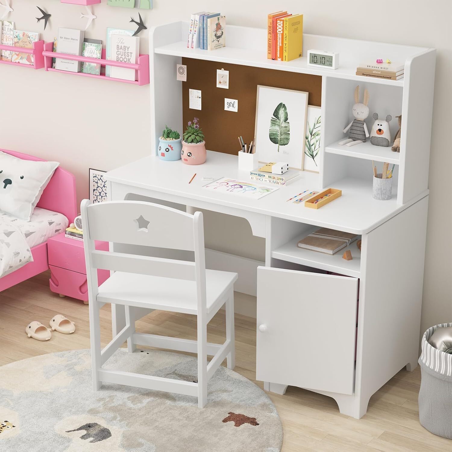 Kids Study Table and Chair Set with Hutch and Storage Cabinet for Kid Bedroom, White