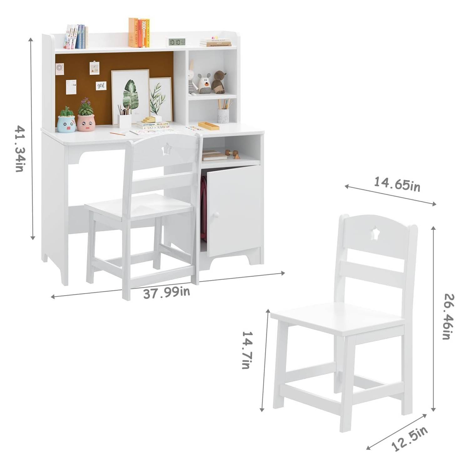 Kids Study Table and Chair Set with Hutch and Storage Cabinet for Kid Bedroom, White