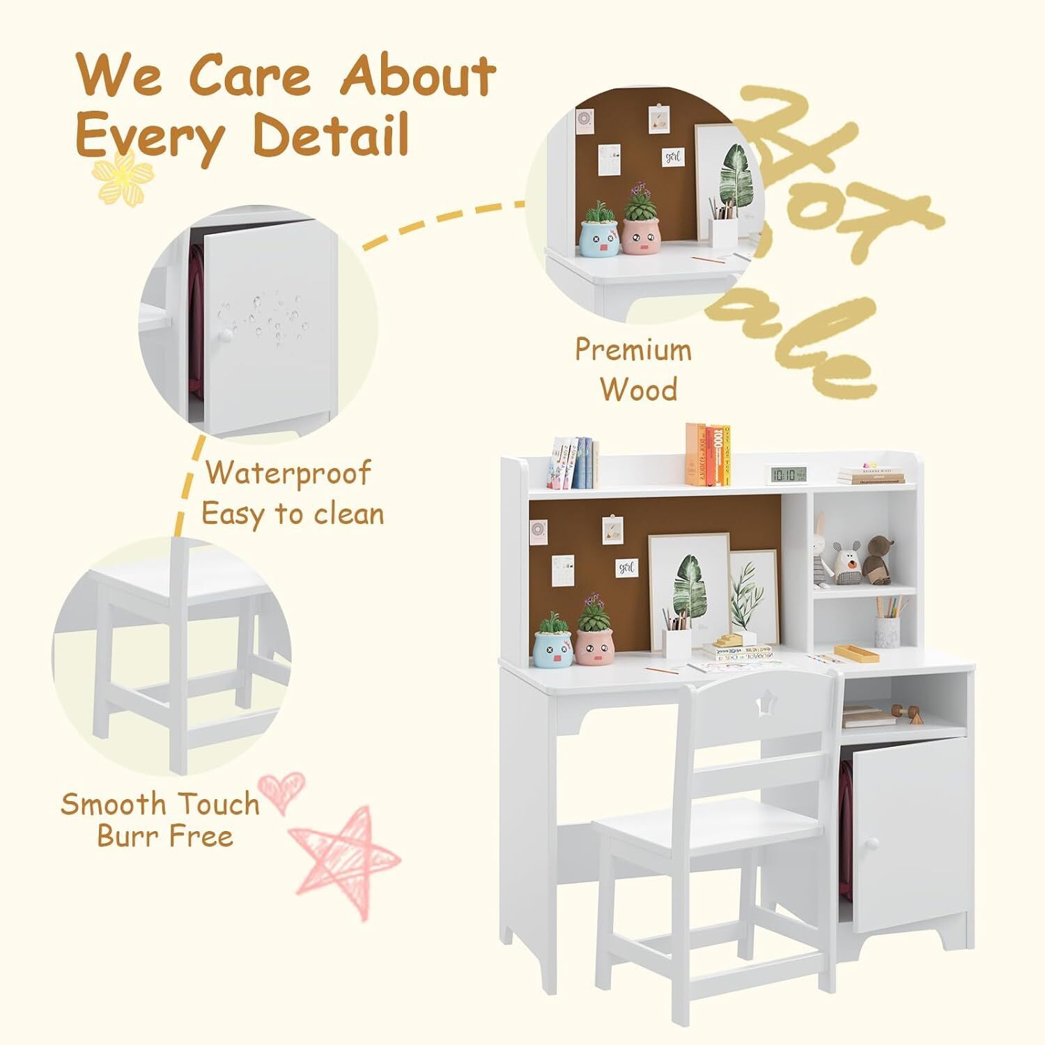 Kids Study Table and Chair Set with Hutch and Storage Cabinet for Kid Bedroom, White