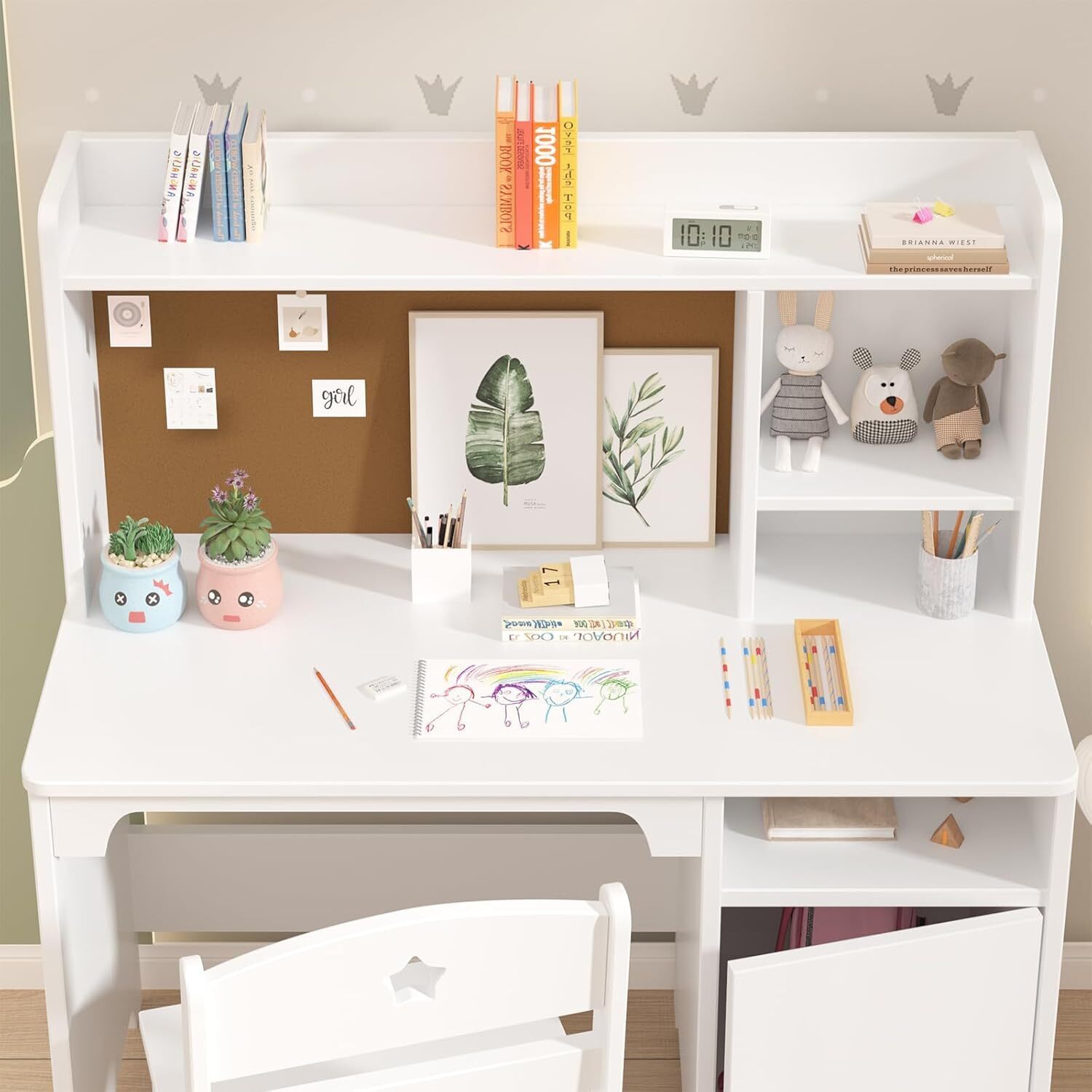 Kids Study Table and Chair Set with Hutch and Storage Cabinet for Kid Bedroom, White