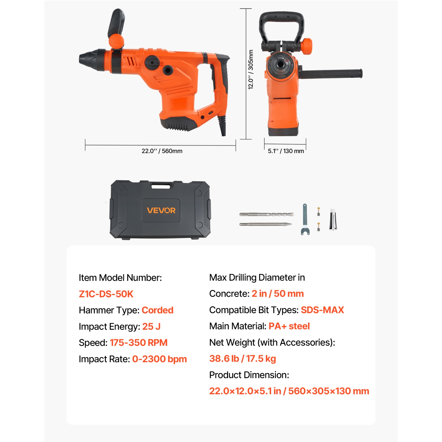 VEVOR 1600W Corded Hammer Drill, 175-350RPM Electric Demolition Drills, 2-Inch SDS-Max Rotary Hammer Driver, 3 Functions Chipping Power Tool Kit for