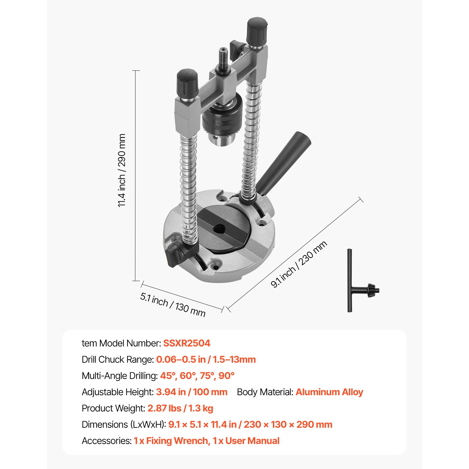 VEVOR Drill Guide, Multi-Angle Press Portable Precision Drilling Guide Jig Attachment, with Large Handle and Mounting Holes, Aluminum Alloy, for