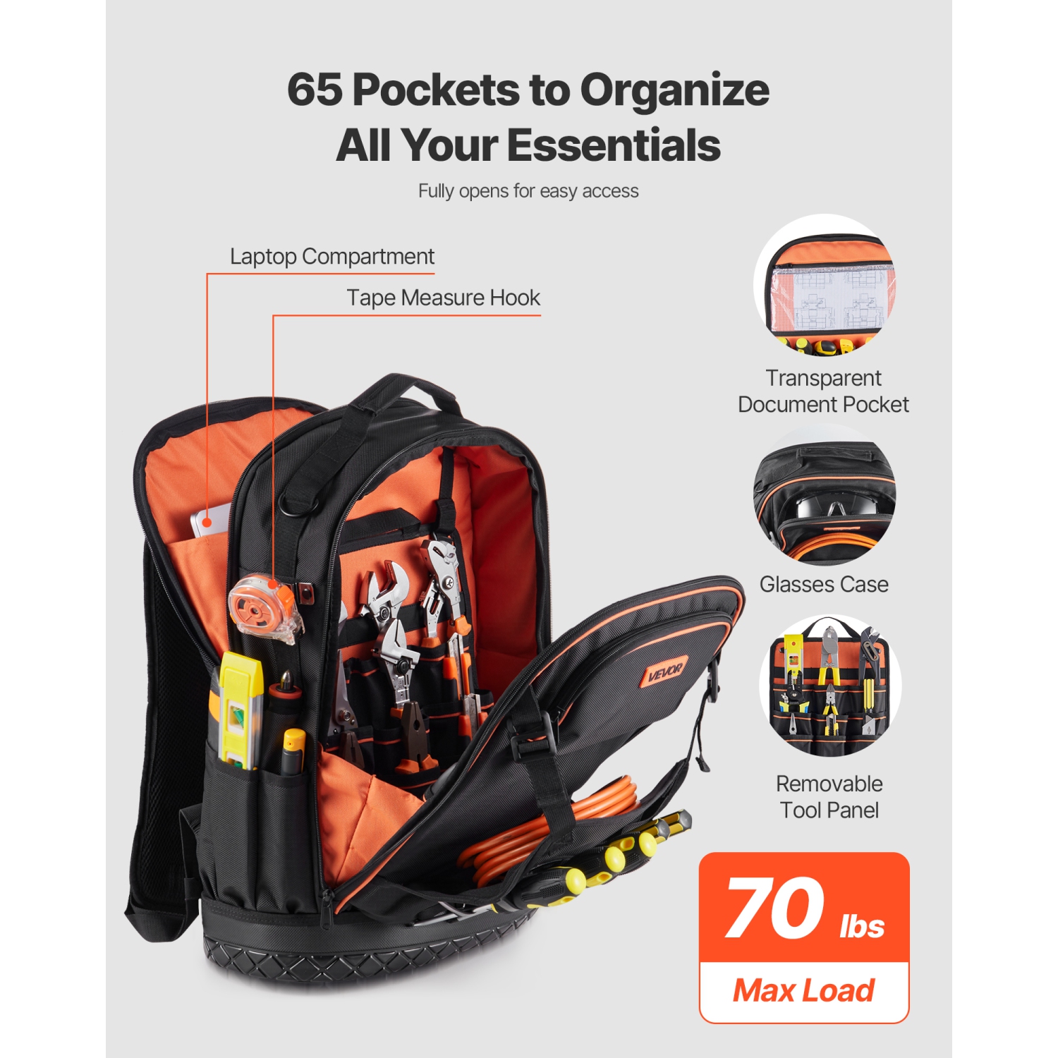 VEVOR 65 Pockets Tool Backpack with Tools, Heavy-duty Tools Storage Organizer Bags with Laptop Compartment & Molded Base, Electrician Jobsite