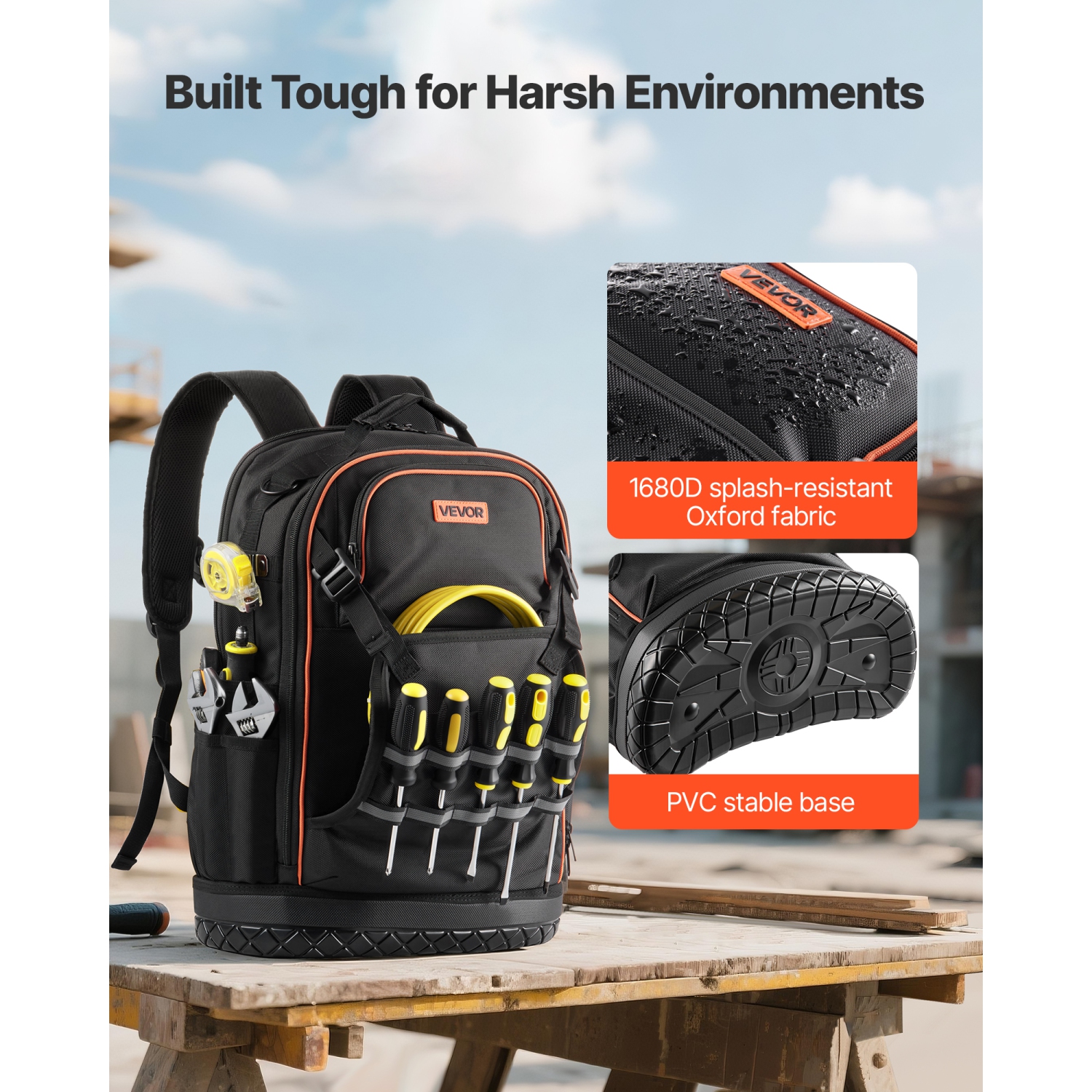 VEVOR 65 Pockets Tool Backpack with Tools, Heavy-duty Tools Storage Organizer Bags with Laptop Compartment & Molded Base, Electrician Jobsite