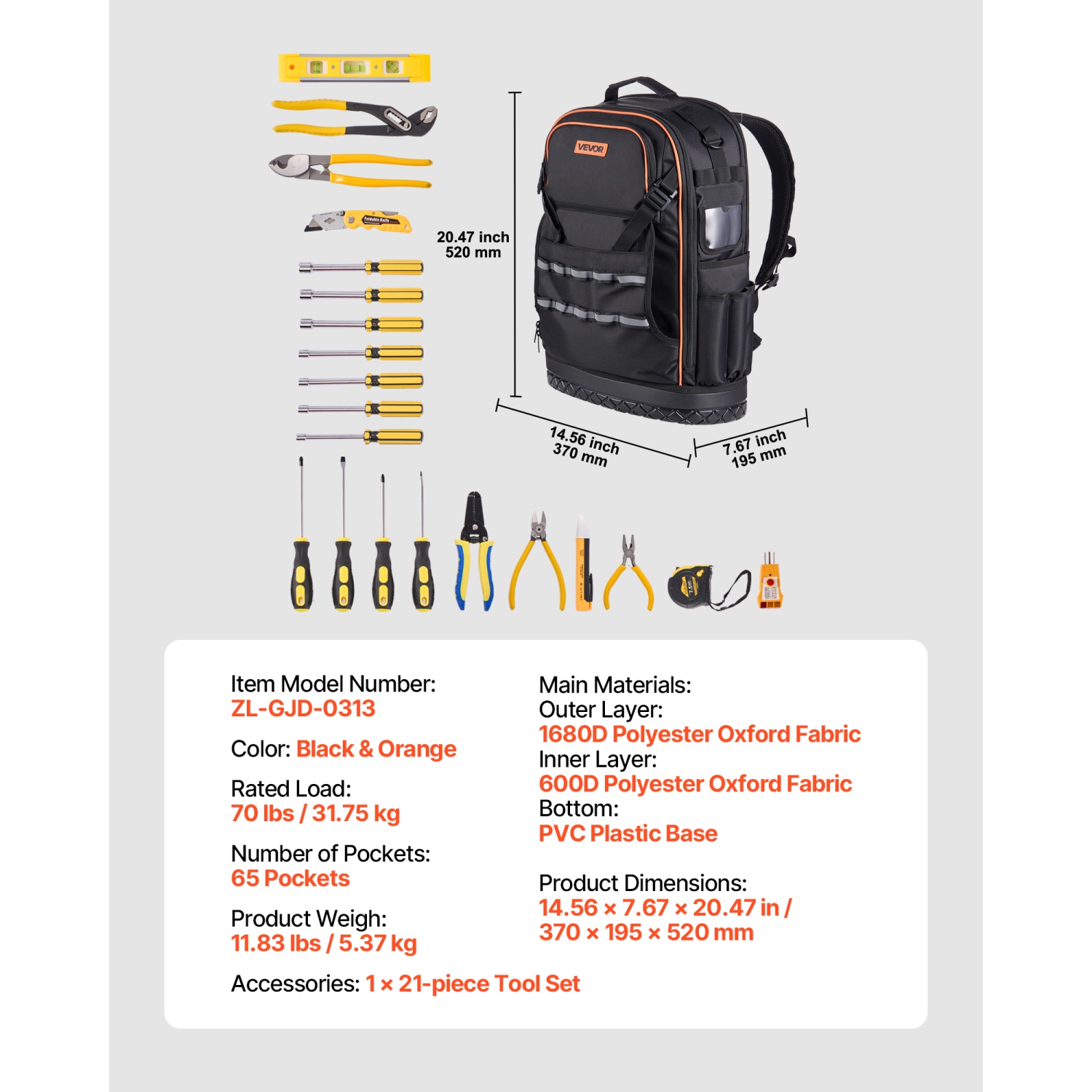 VEVOR 65 Pockets Tool Backpack with Tools, Heavy-duty Tools Storage Organizer Bags with Laptop Compartment & Molded Base, Electrician Jobsite