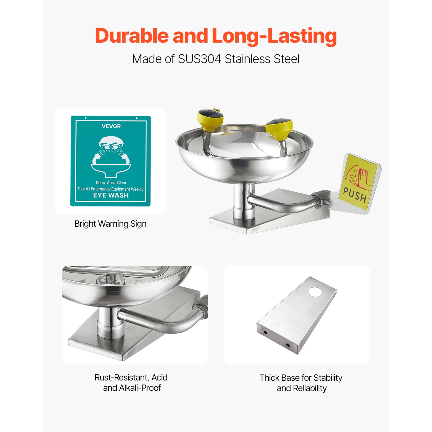 VEVOR 16.14 x 12.99 x 9.45 In Emergency Eye Wash Station, Stainless Steel Wall-Mounted Eyewash Unit, First Aid Eye Wash Sink, Ideal for Laboratories,