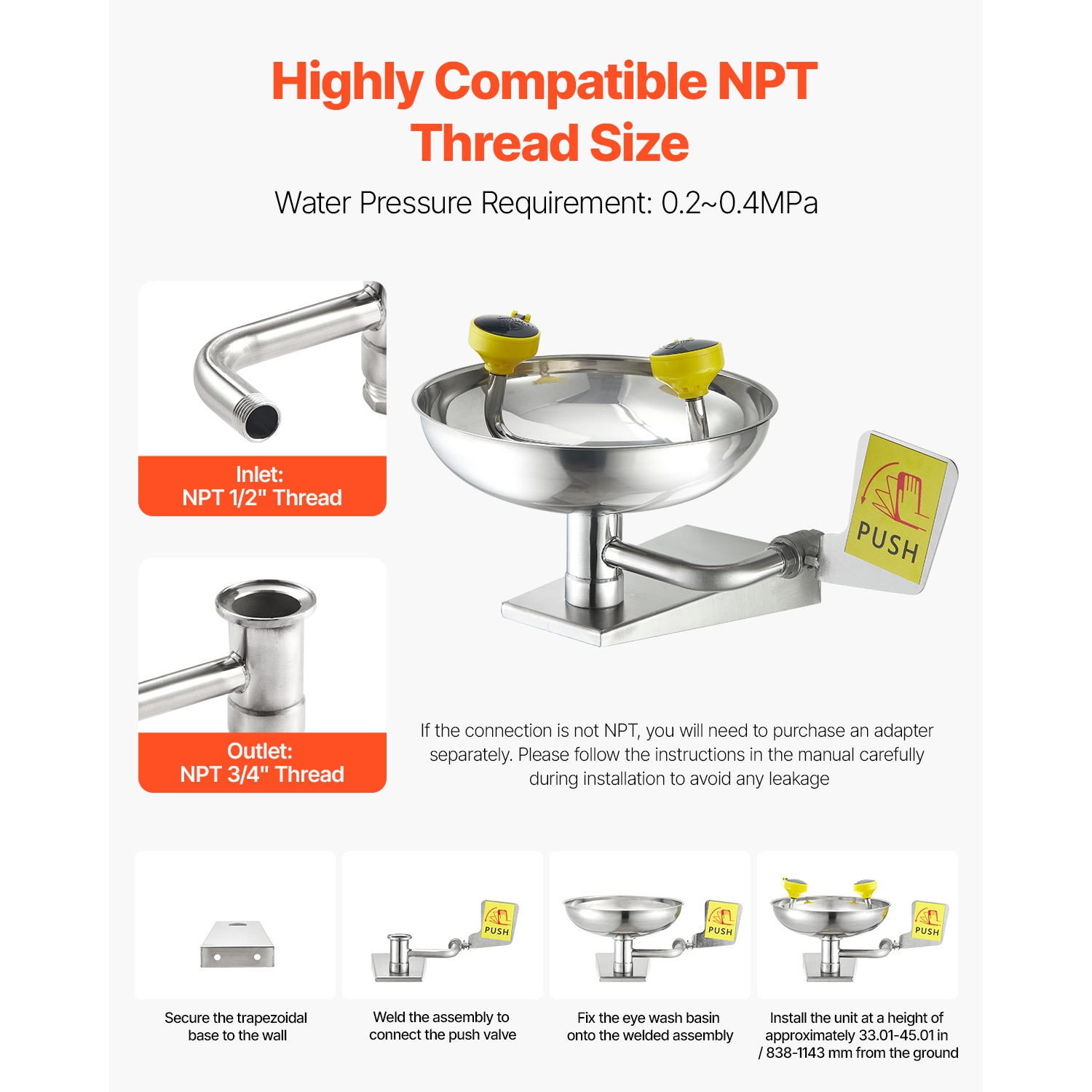 VEVOR 16.14 x 12.99 x 9.45 In Emergency Eye Wash Station, Stainless Steel Wall-Mounted Eyewash Unit, First Aid Eye Wash Sink, Ideal for Laboratories,