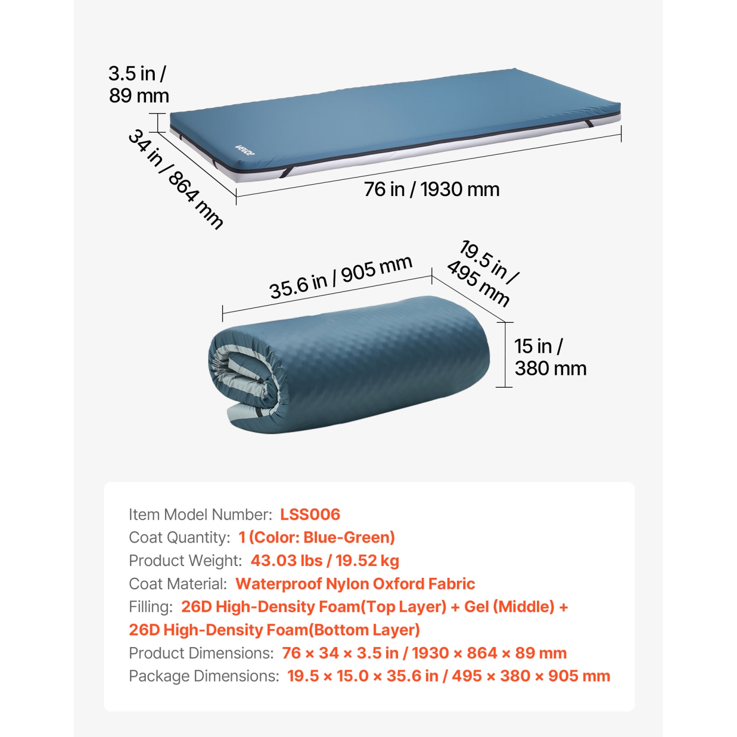 VEVOR 300 lbs Load Hospital Bed Mattress, Long Term Care Pressure Redistribution Medical-Grade Dual Layer Foam Mattress, Waterproof for Bedsore