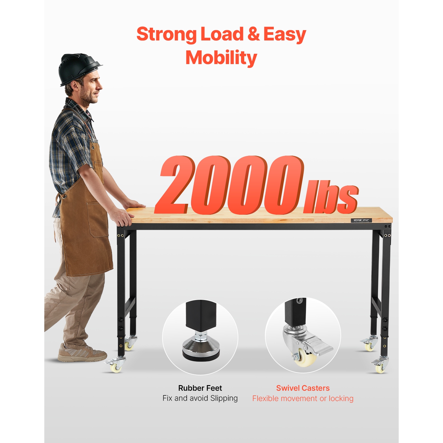 VEVOR 60-Inch Adjustable Workbench, 2000 lbs Load, Work Bench with Power Outlet, Wheels, and Pegboard, Heavy Duty Oak Wood Top Work Table for Garage,