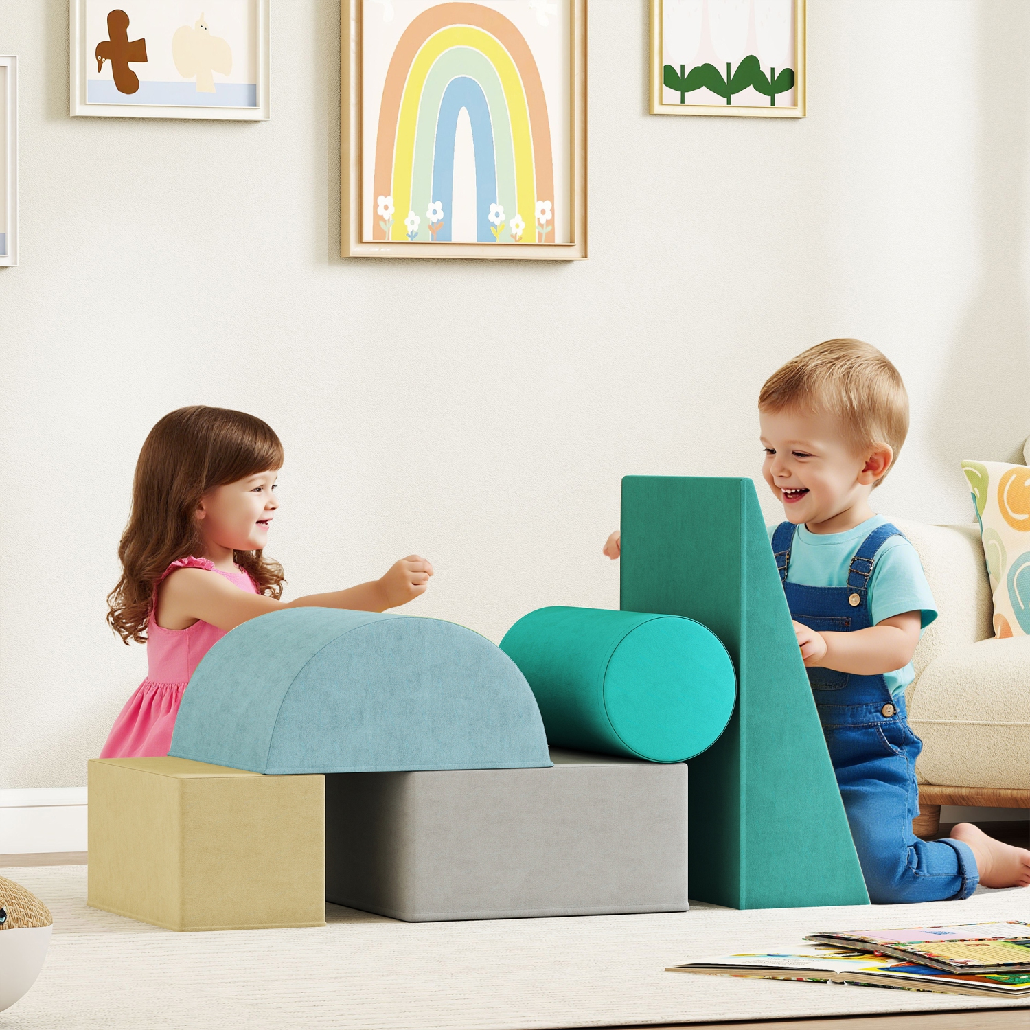 Qaba Climbing Toys for Toddlers, 5-Piece Soft Foam Climbing Blocks Set with Removable Cover, Indoor Activity Play Set for Crawling, Sliding and