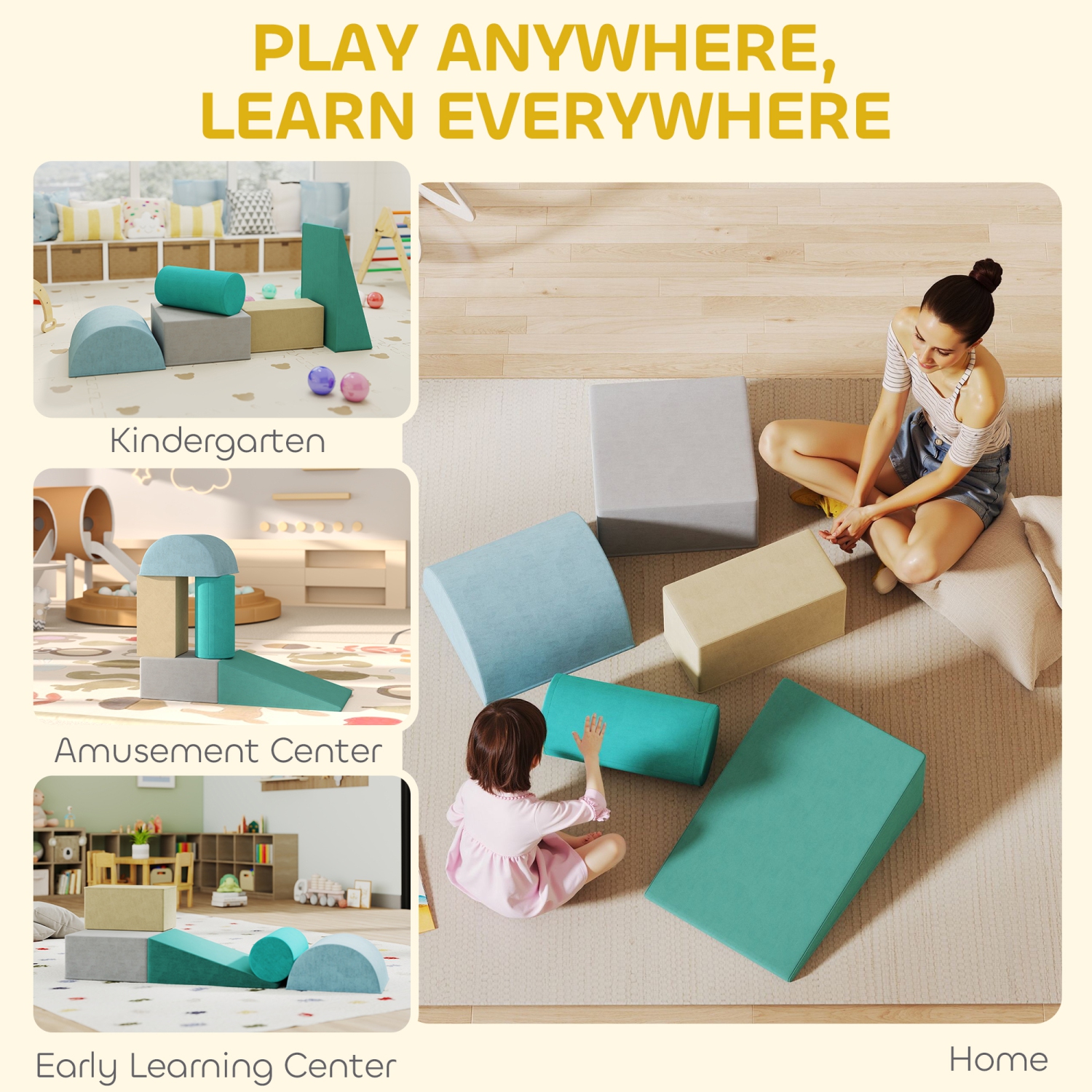 Qaba Climbing Toys for Toddlers, 5-Piece Soft Foam Climbing Blocks Set with Removable Cover, Indoor Activity Play Set for Crawling, Sliding and