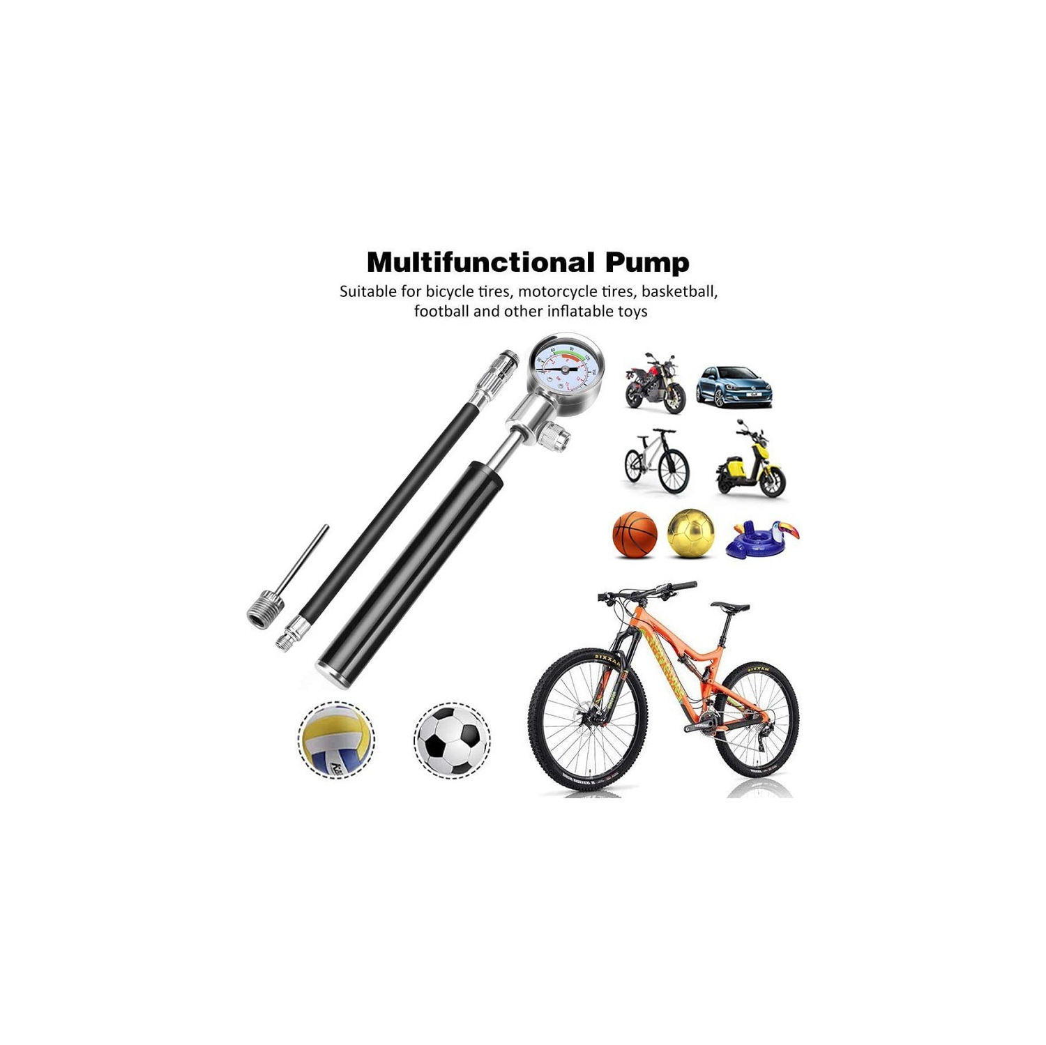 Ball Pump with Pressure Gauge, Portable Bicycle Inflator with Inflation Needle and Pressure Relief Valve, Suitable for Bicycles and Basketballs