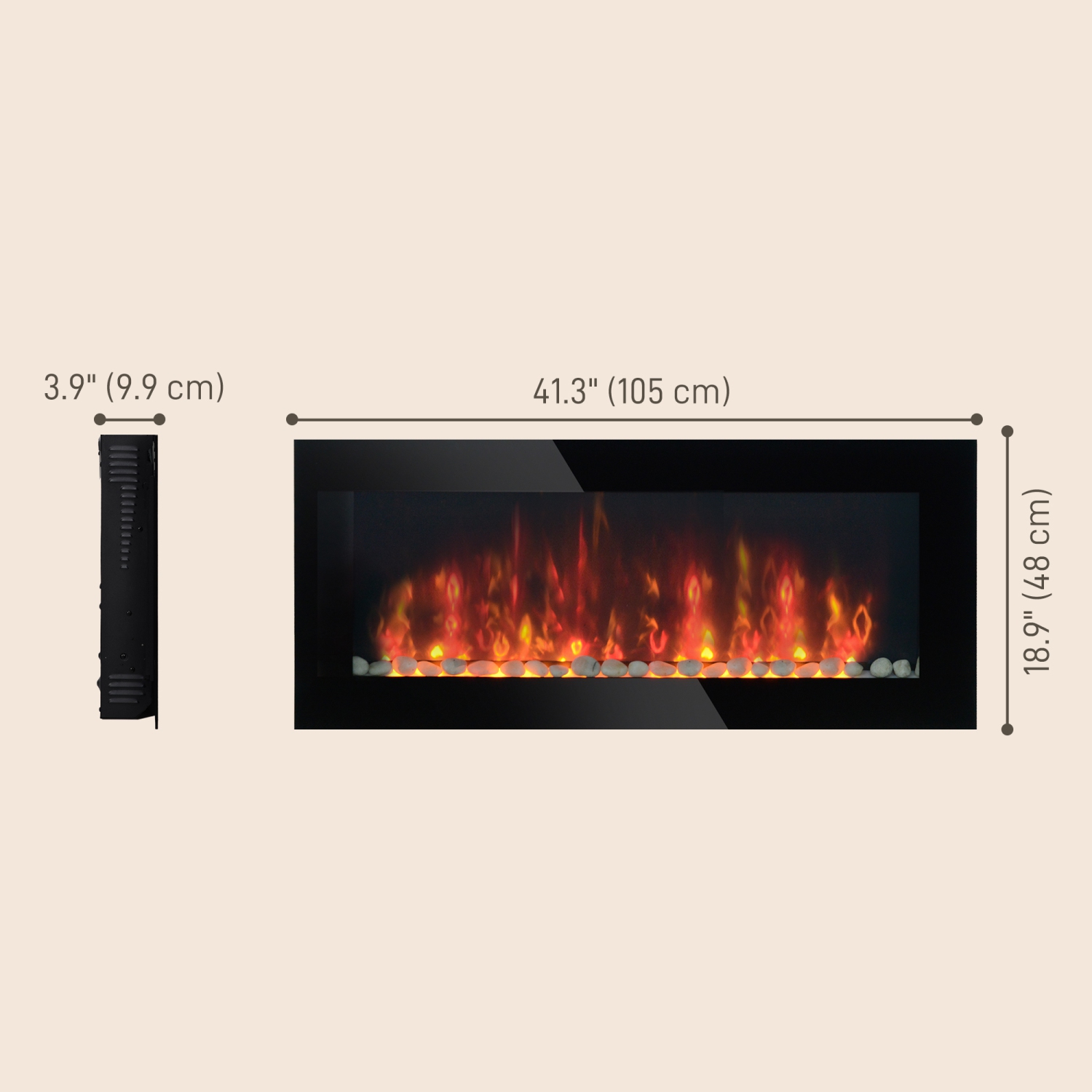 HOMCOM 41" Ultra-Thin Electric Fireplace, Wall Mounted Fireplace with Patented 7 Colour Adjustable LED Flame Effect, Remote Control, 2 Modes Heat,