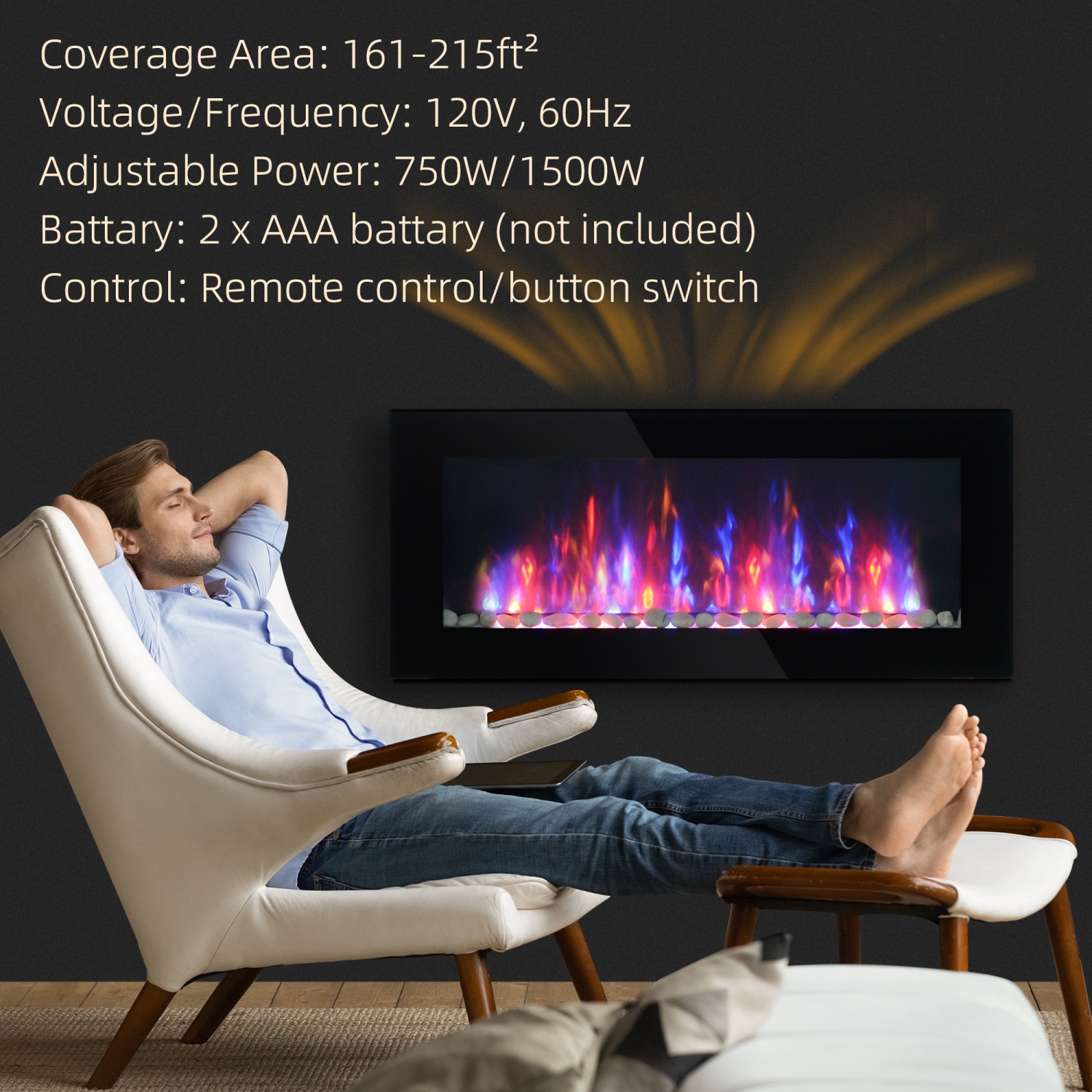 HOMCOM 41" Ultra-Thin Electric Fireplace, Wall Mounted Fireplace with Patented 7 Colour Adjustable LED Flame Effect, Remote Control, 2 Modes Heat,