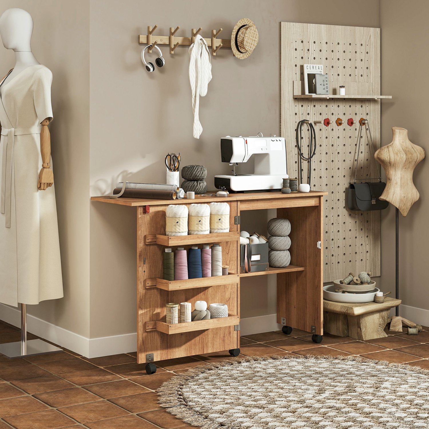 HOMCOM – Table à coudre pliante, armoire à coudre sur roulettes, table d'artisanat multiusage avec tablette de rangement, bacs et roulettes