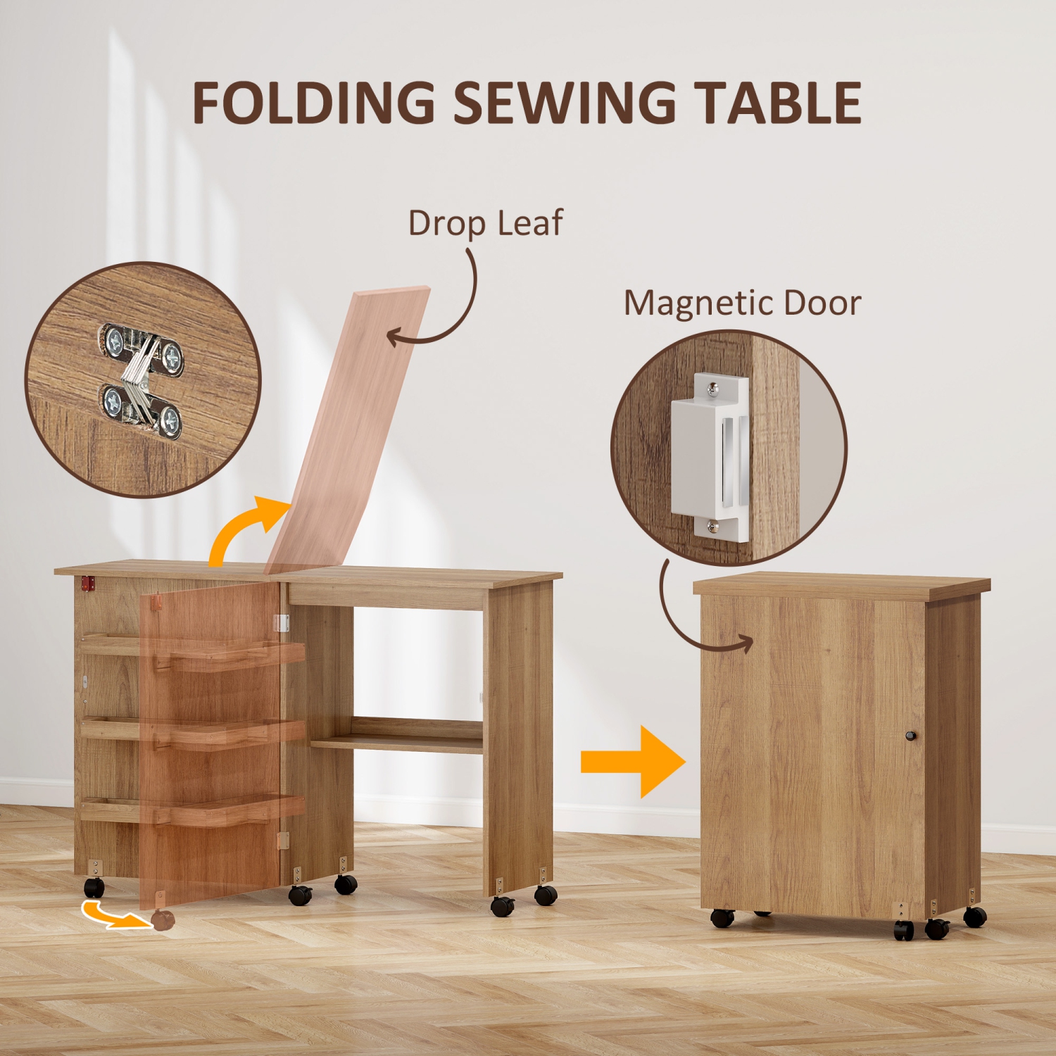 HOMCOM – Table à coudre pliante, armoire à coudre sur roulettes, table d'artisanat multiusage avec tablette de rangement, bacs et roulettes
