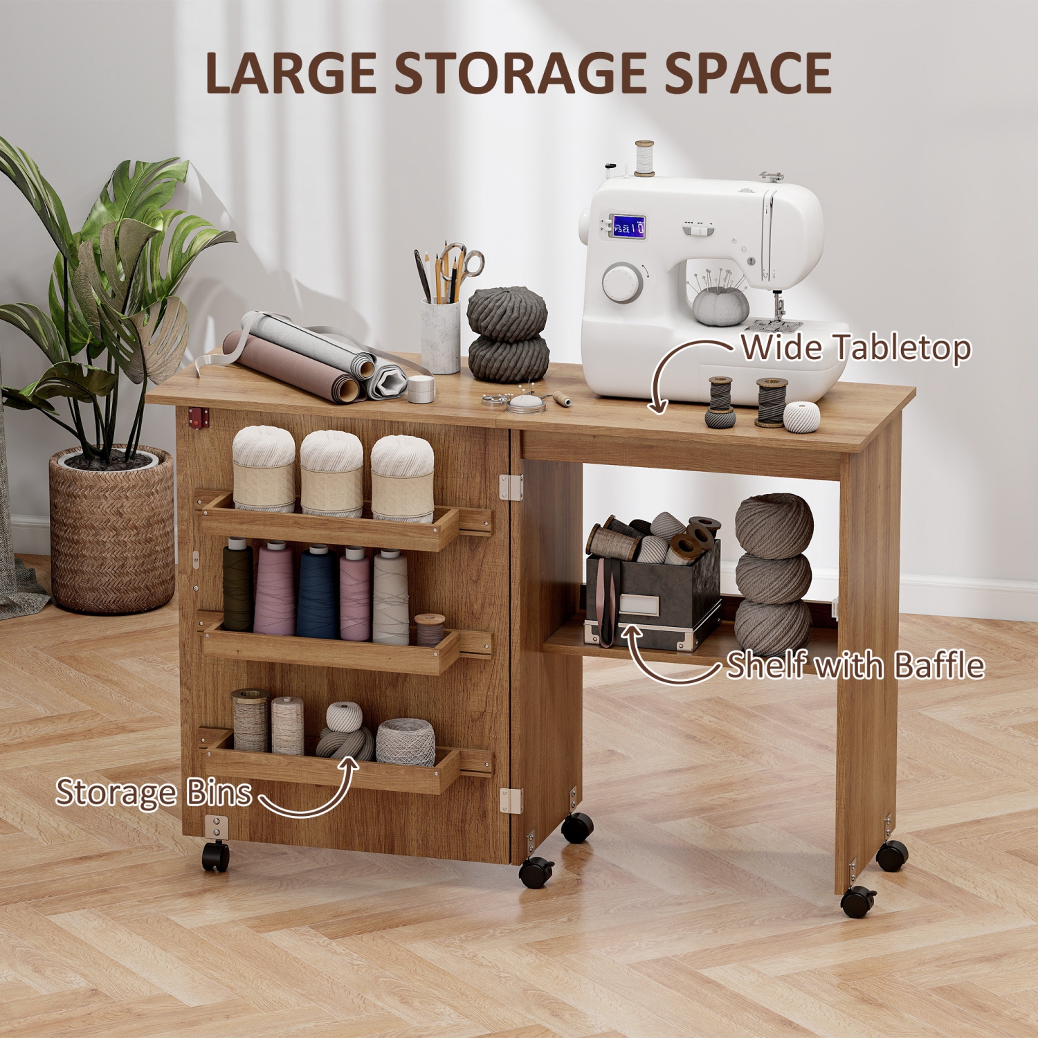 HOMCOM – Table à coudre pliante, armoire à coudre sur roulettes, table d'artisanat multiusage avec tablette de rangement, bacs et roulettes