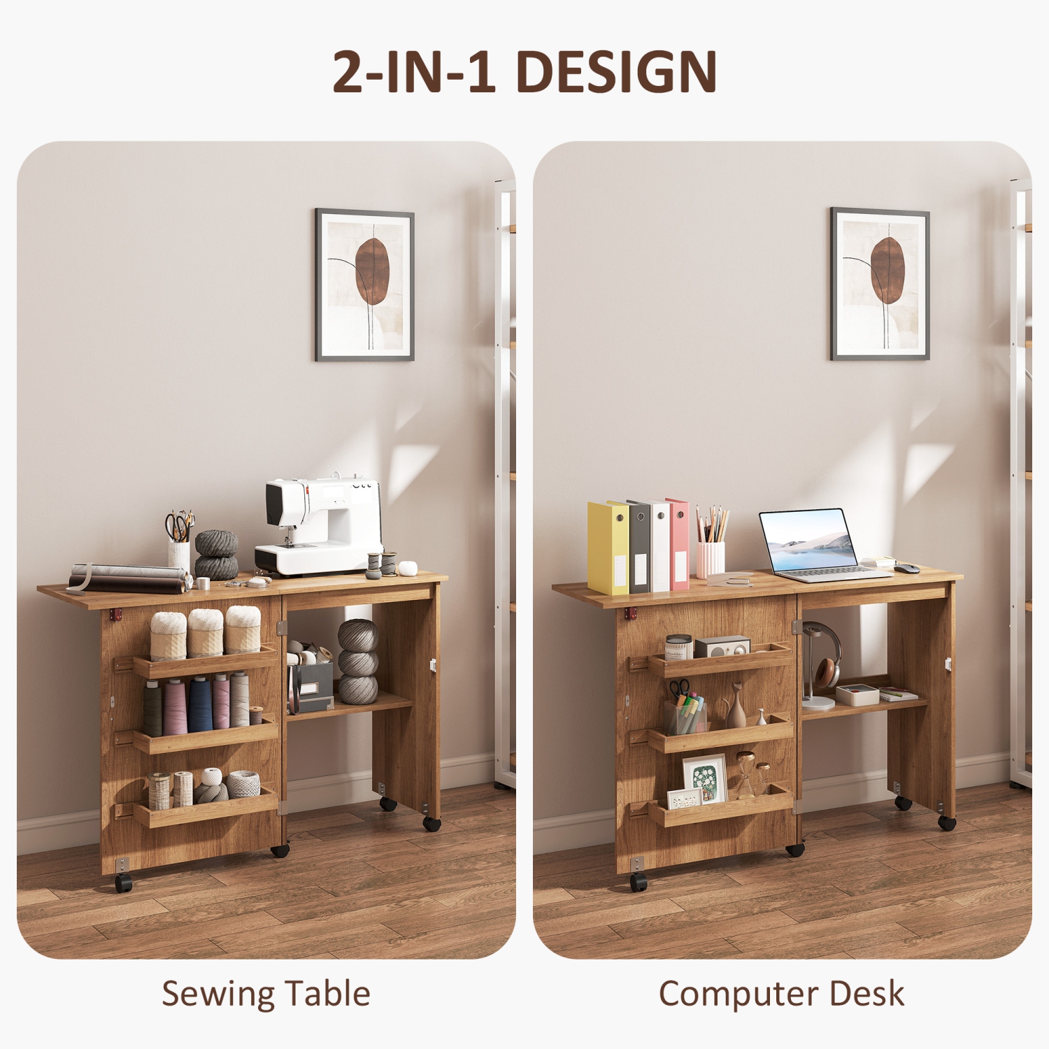 HOMCOM – Table à coudre pliante, armoire à coudre sur roulettes, table d'artisanat multiusage avec tablette de rangement, bacs et roulettes